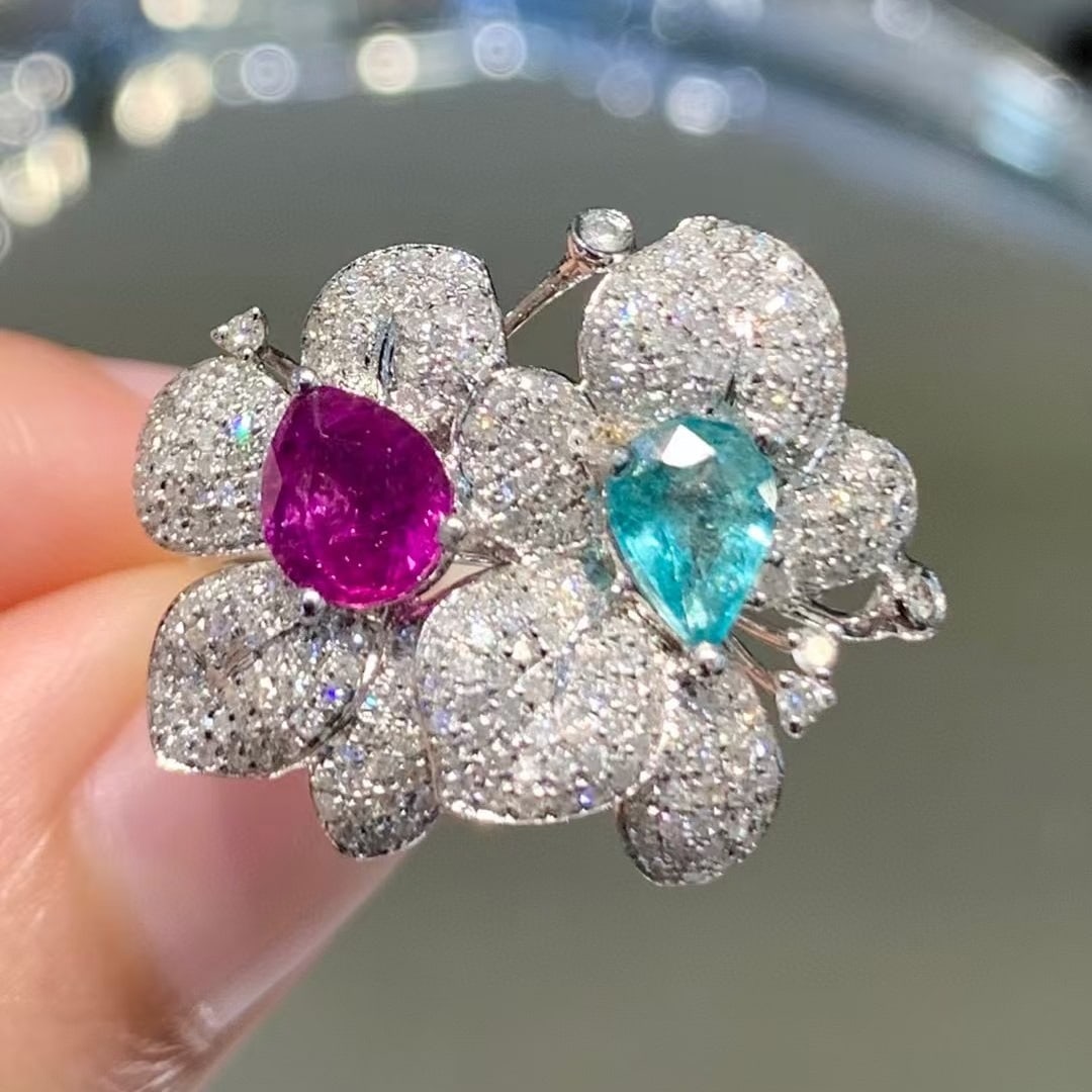14k Gold 1.5 Ct Natural Paraiba Tourmaline & Sapphire & Diamond Ring - 4