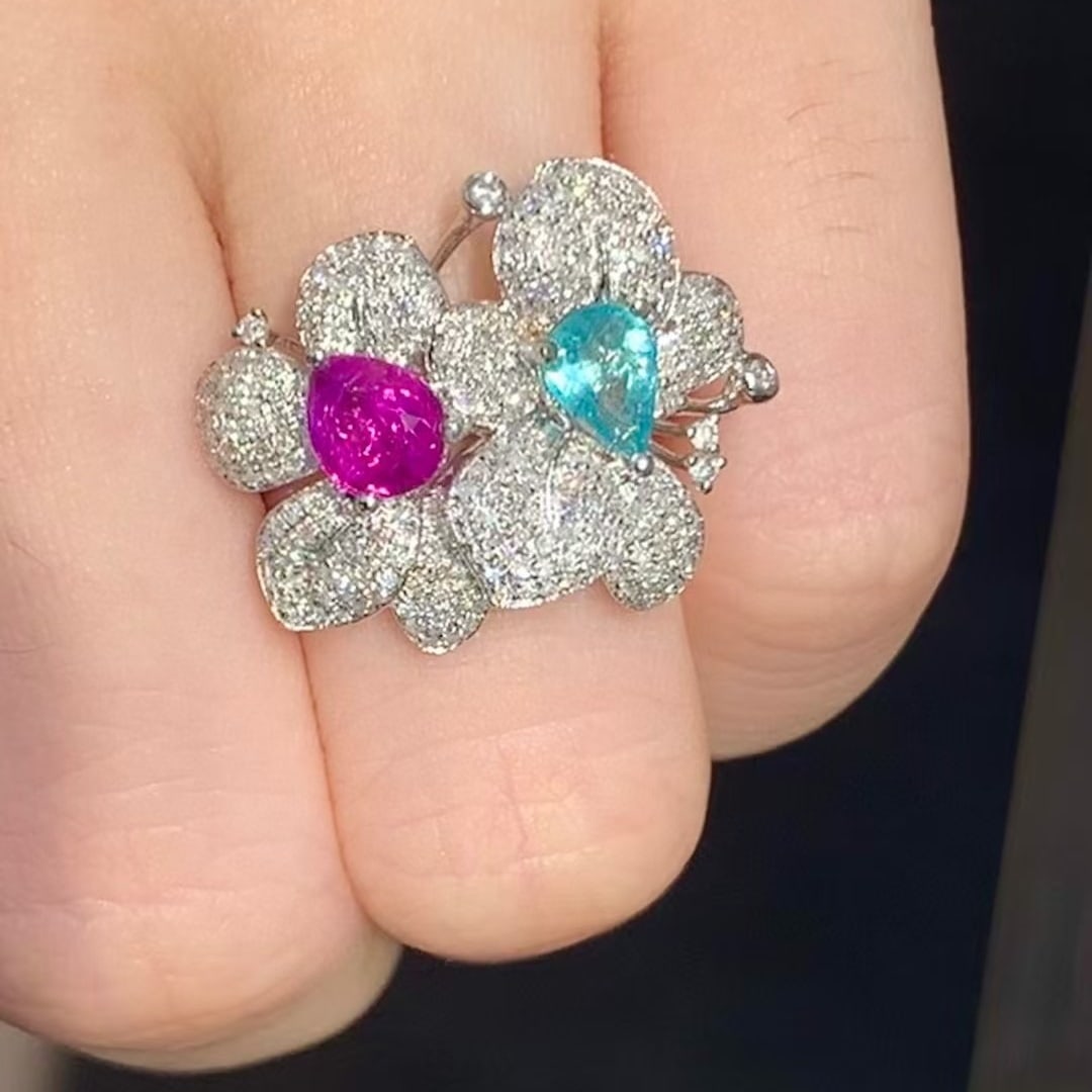 14k Gold 1.5 Ct Natural Paraiba Tourmaline & Sapphire & Diamond Ring - 5