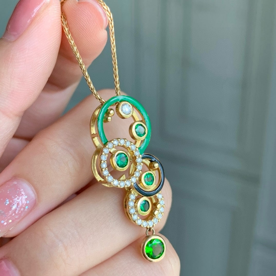 14k Gold 0.87 Ctw Vivid Green Natural Tsavorite & Diamond Necklace - 6