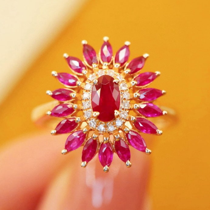 14k Gold 0.91 Ctw Natural Ruby & Ruby Ring: Ref:230990147 // gold content:14k gold // ring size:7. 25us // // main gemstone:ruby // shape:oval // carat weight:0. 33ct // color:red // treatment:natural // // adjacent gemstone 2 : ruby //