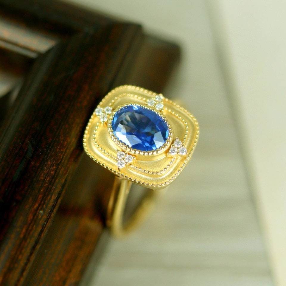 14k Gold 1.26 Ctw Natural Sapphire & Diamond Ring: Ref:230990151 // gold content:14k gold // ring size:7. 25us // // main gemstone:sapphire // shape:oval // carat weight:1. 21ct // color:blue // treatment:natural // // adjacent gemstone 2 : diamond