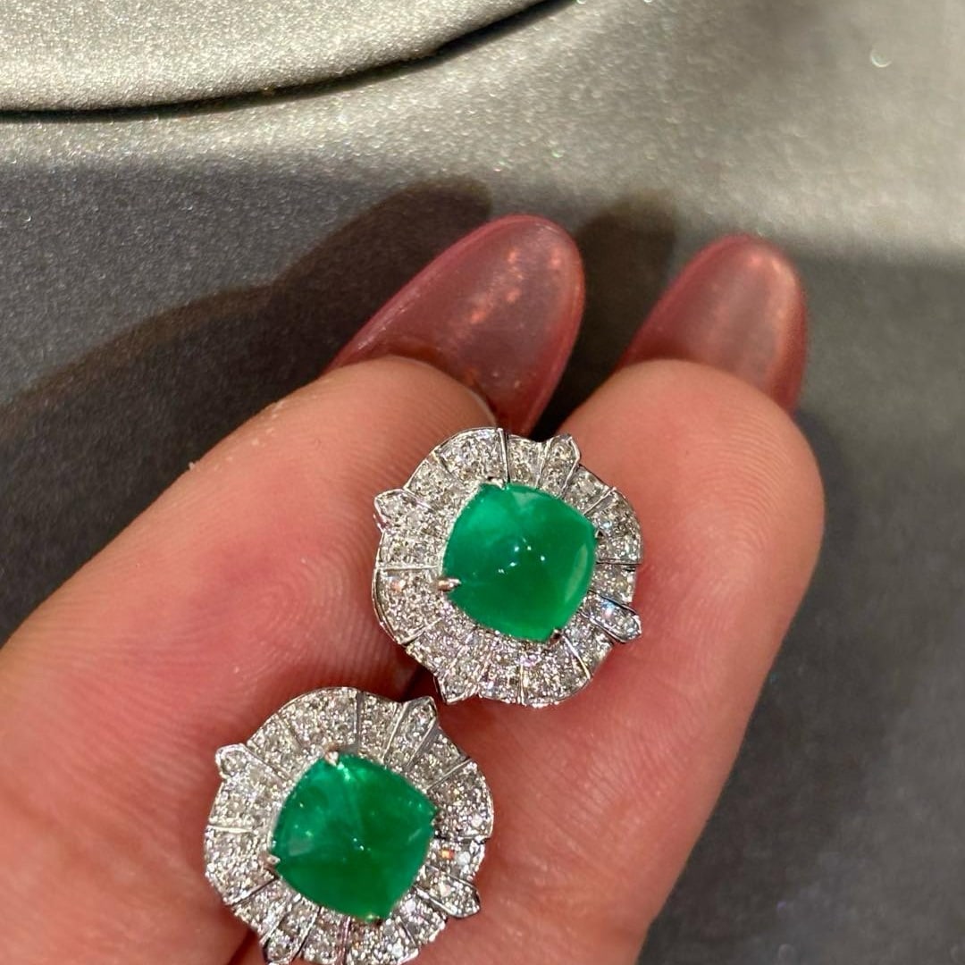 14k Gold 2.01 Ct Vivid Green Natural Emerald & Diamond Earrings - 5