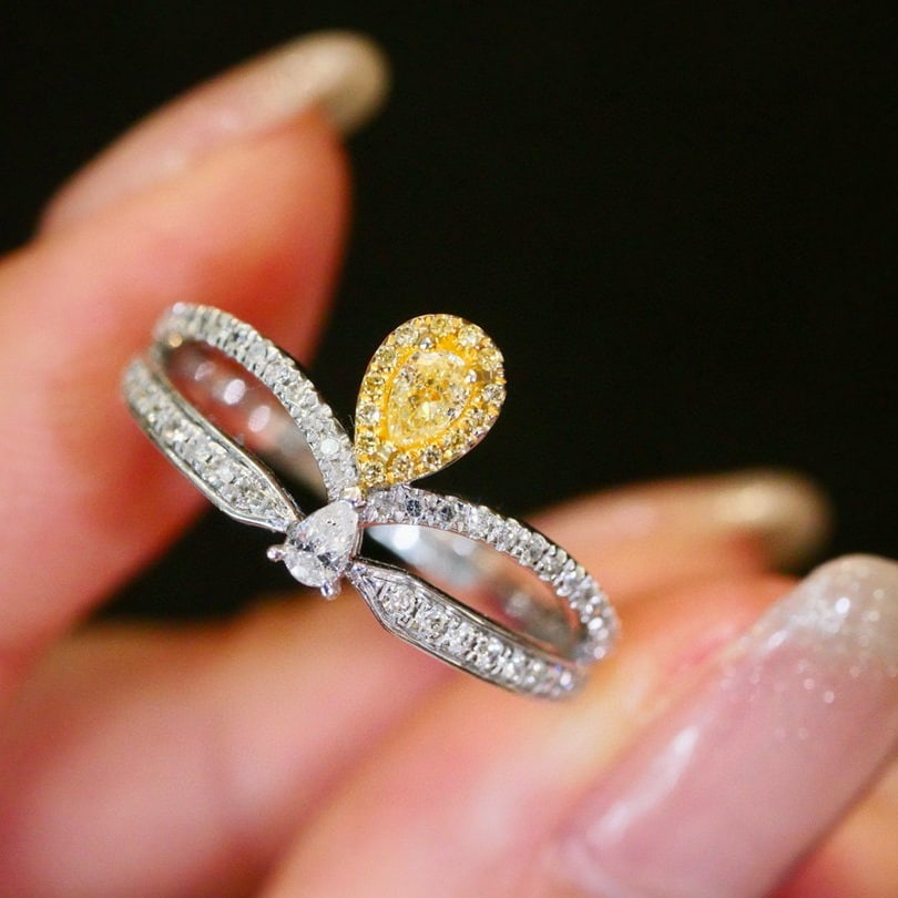 14k Gold 0.45 Ctw Natural Yellow Diamond & Diamond Ring: Ref:230990165 // gold content:14k gold // ring size:7. 25us // // main gemstone:yellow diamond // shape:pear // carat weight:0. 15ct // color:yellow // treatment:natural // // adjacent gemstone 2 :