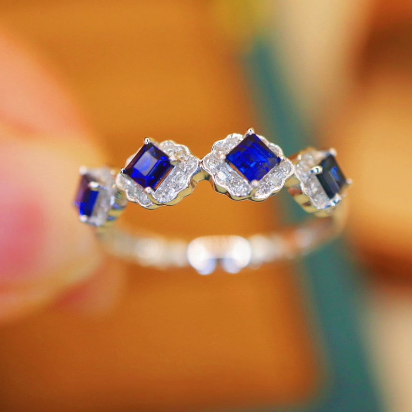 14k Gold 0.82 Ctw Natural Sapphire & Diamond Ring: Ref:230990170 // gold content:14k gold // ring size:7. 25us // // main gemstone:sapphire // shape:square // carat weight:0. 7ct // color:blue // treatment:natural // // adjacent gemstone 2 : diamond