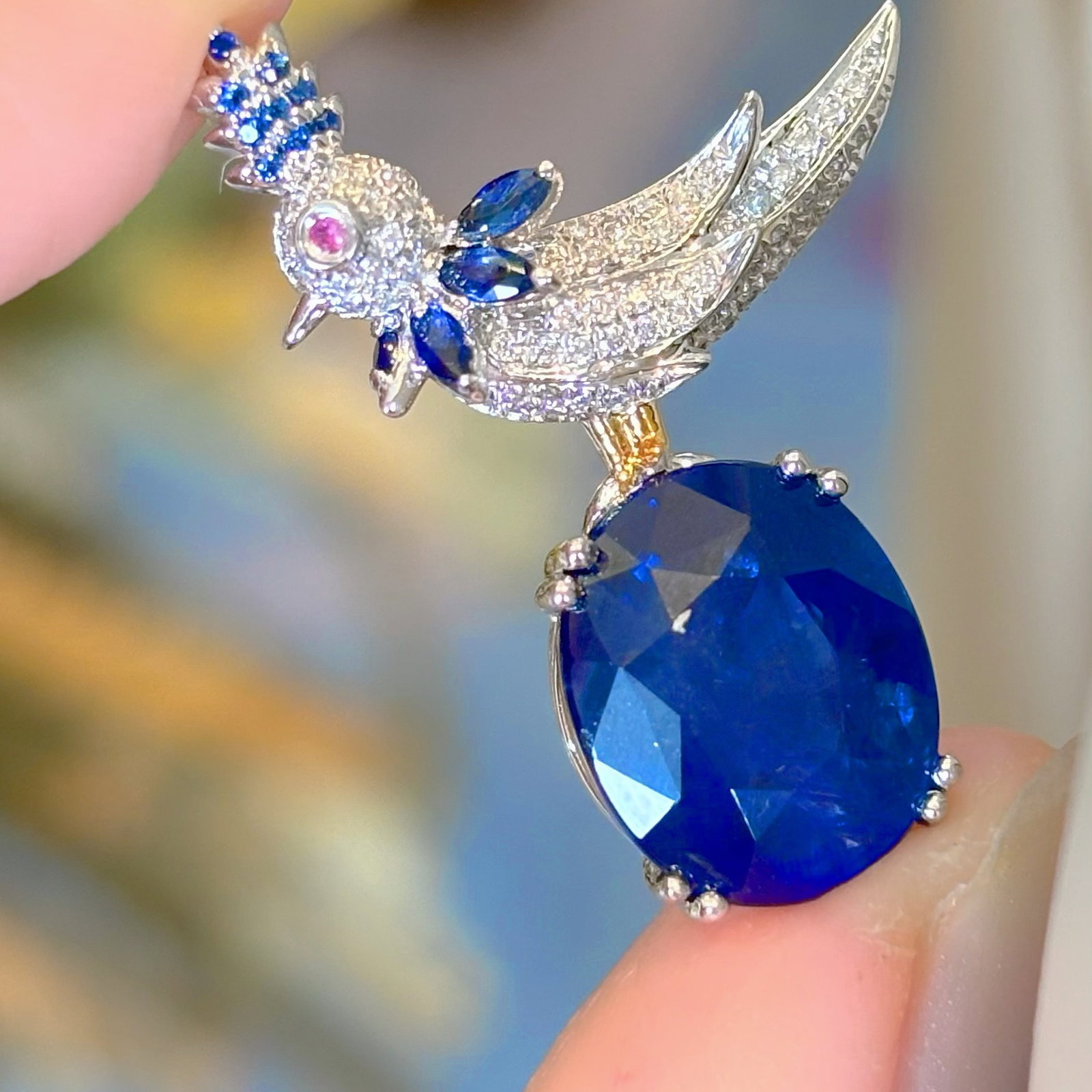 14k Gold 5.27 Ct Natural Sapphire & Diamond Pendant( Without Chain ) - 2