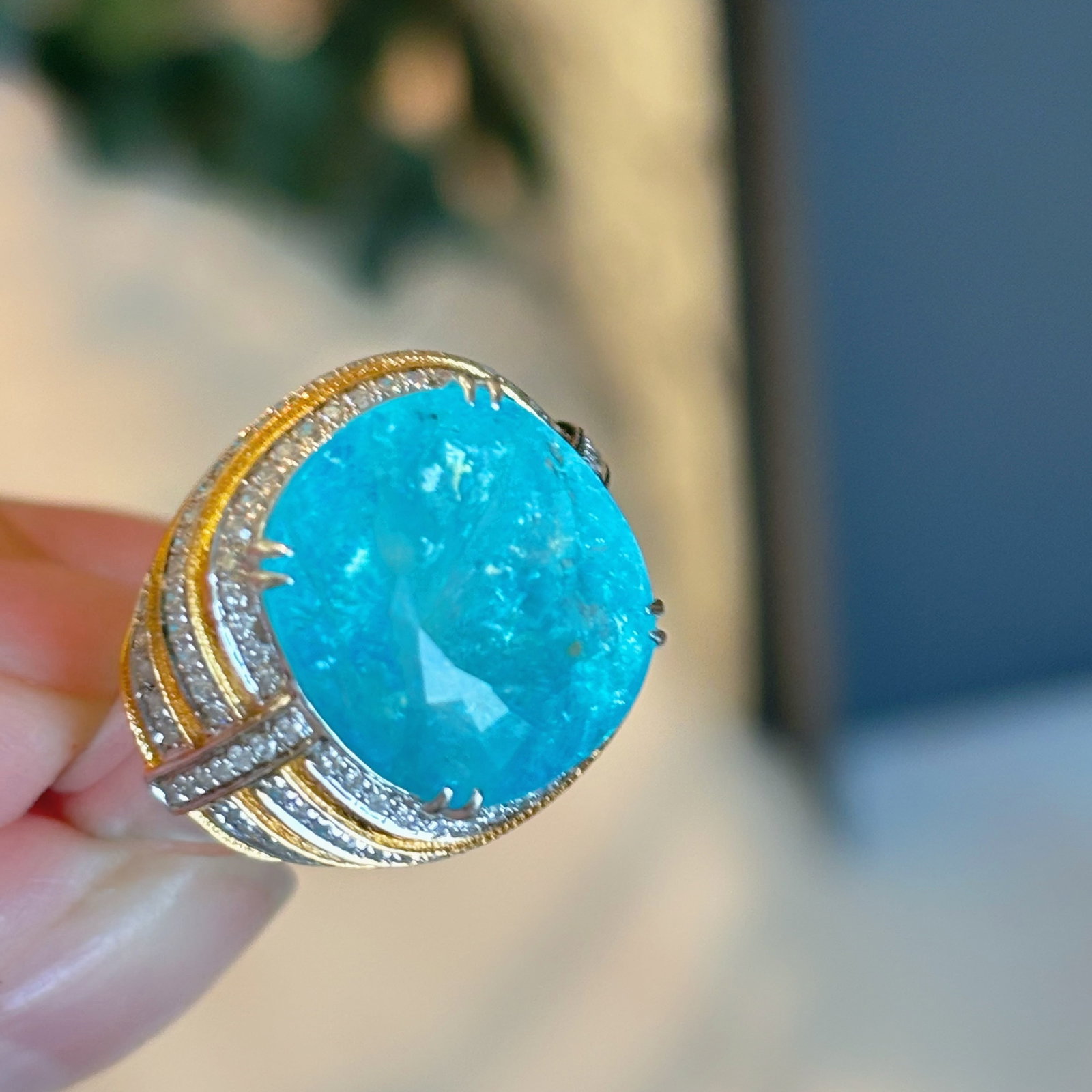 14k Gold 7.3 Ct Natural Paraiba Tourmaline & Diamond Ring: Ref:230990188 // gold content:14k gold // ring size:7. 25us // // main gemstone:paraiba tourmaline // shape:cushion // carat weight:7. 3ct // color:blue // treatment:natural // // adjacent gemstone 2