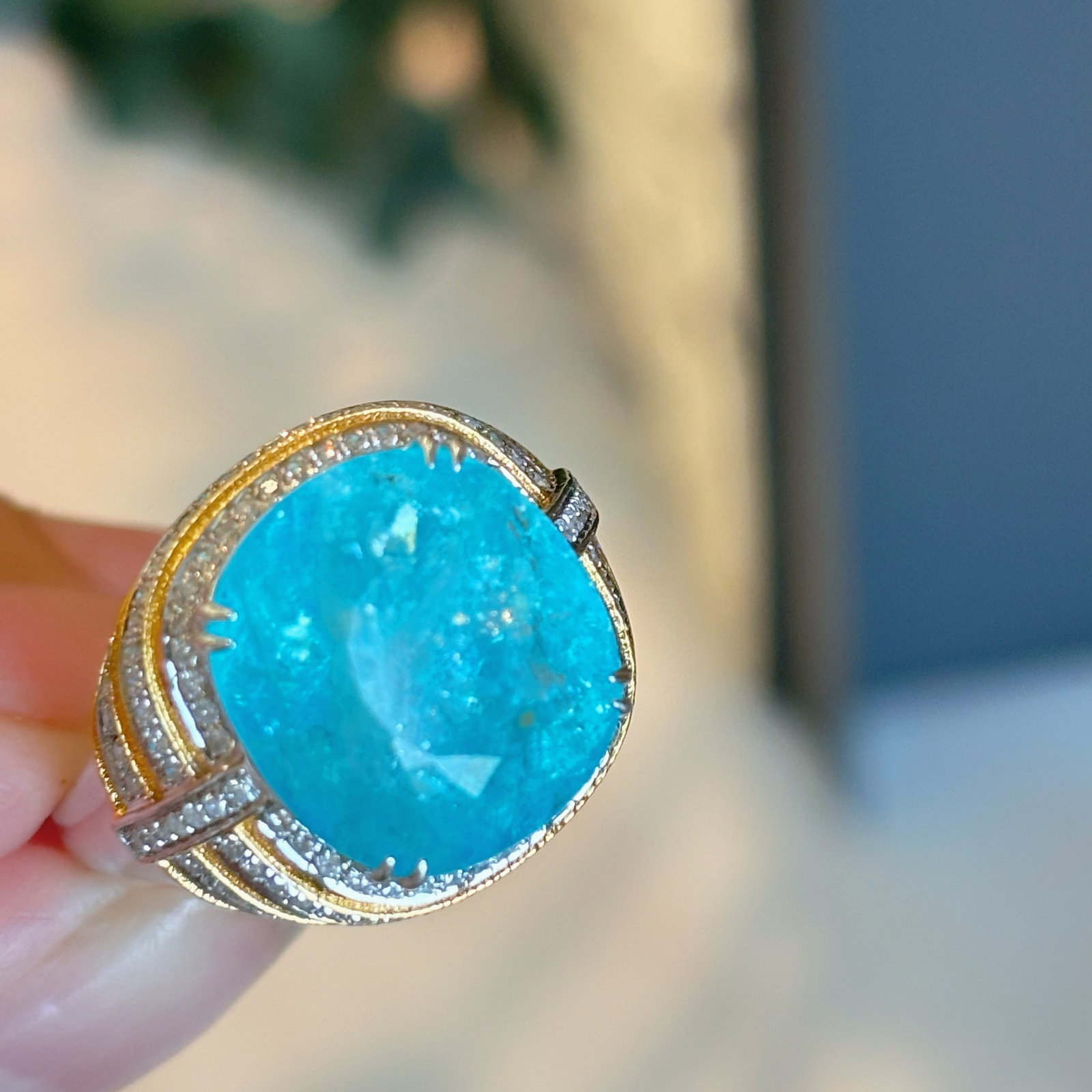 14k Gold 7.3 Ct Natural Paraiba Tourmaline & Diamond Ring - 2