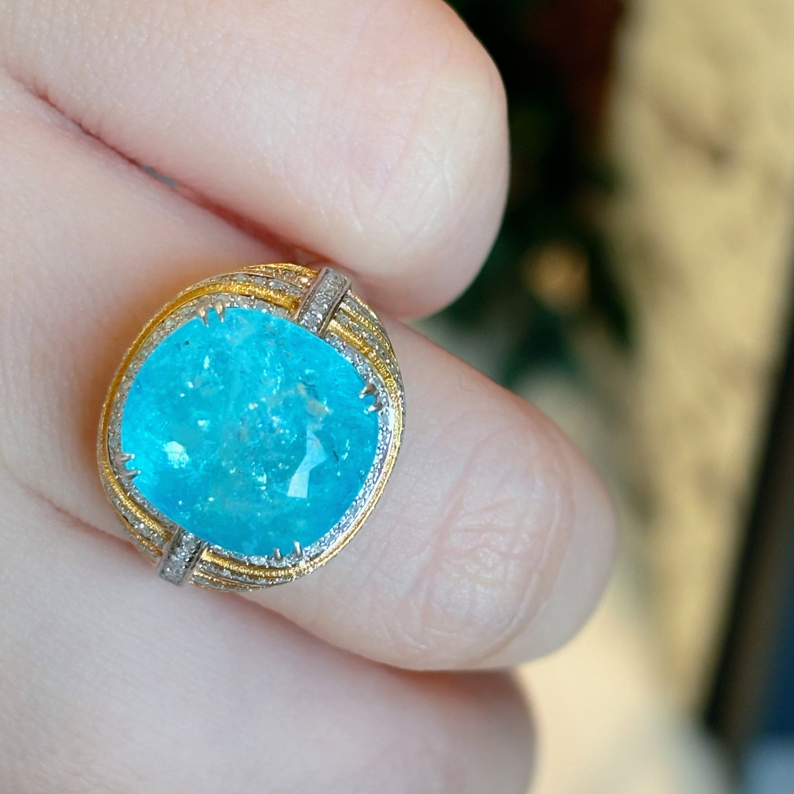 14k Gold 7.3 Ct Natural Paraiba Tourmaline & Diamond Ring - 4