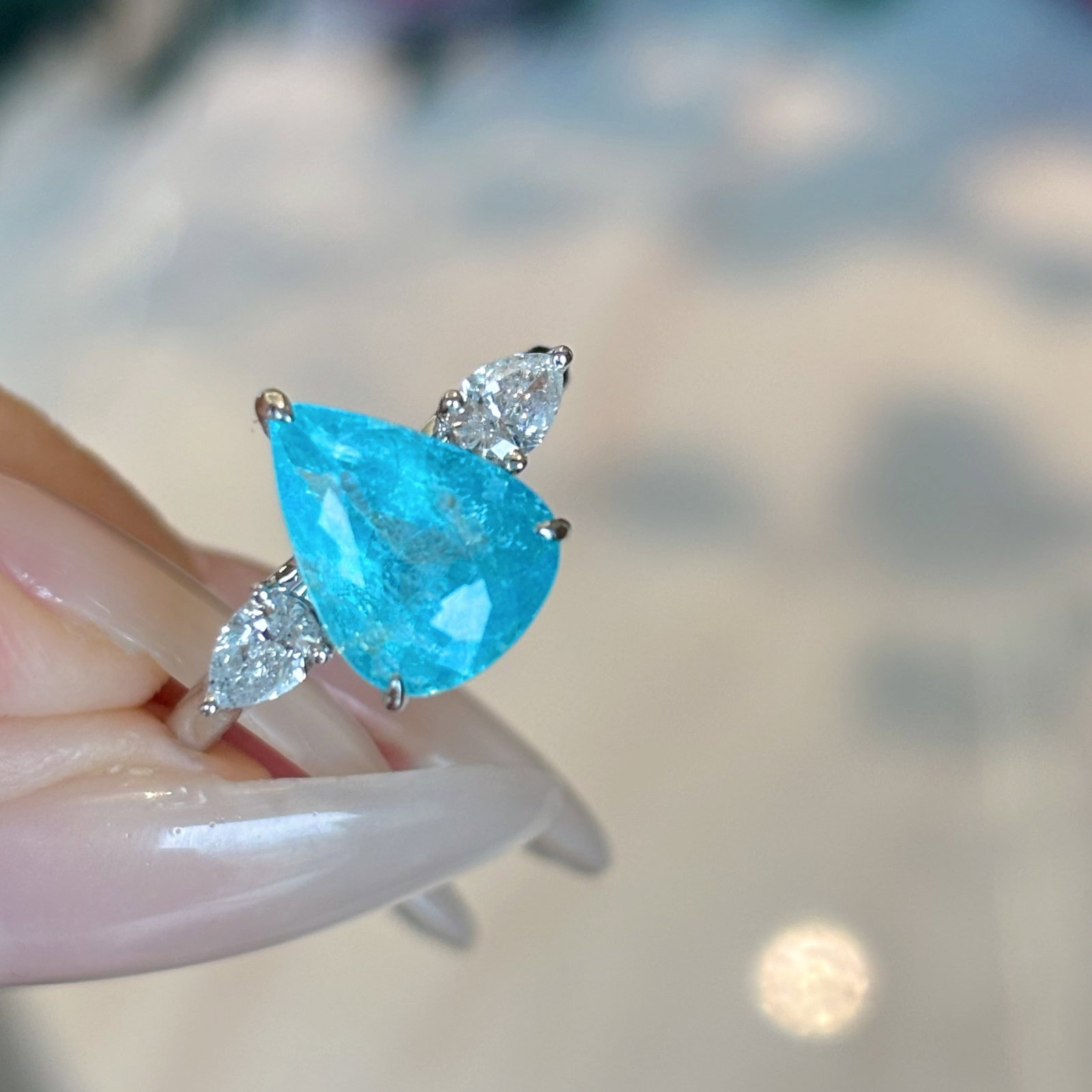 14k Gold 3 Ct Natural Paraiba Tourmaline & Diamond Ring: Ref:230990189 // gold content:14k gold // ring size:7. 25us // // main gemstone:paraiba tourmaline // shape:pear // carat weight:3ct // color:blue // treatment:natural // // adjacent gemstone 2 :