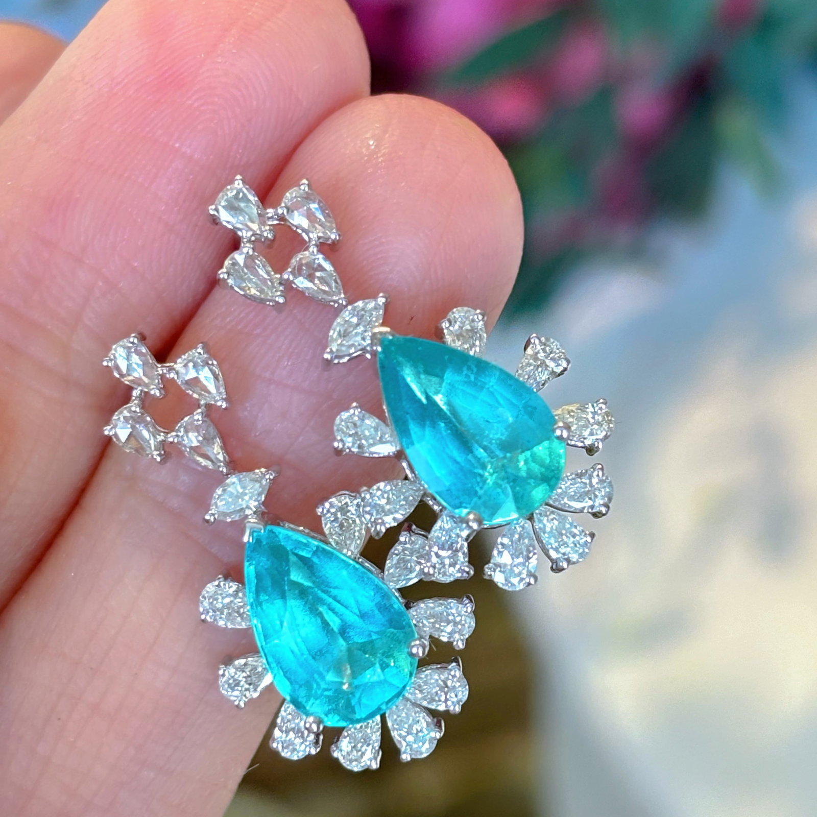 14k Gold 3.4 Ct Natural Paraiba Tourmaline & Diamond Earrings - 4