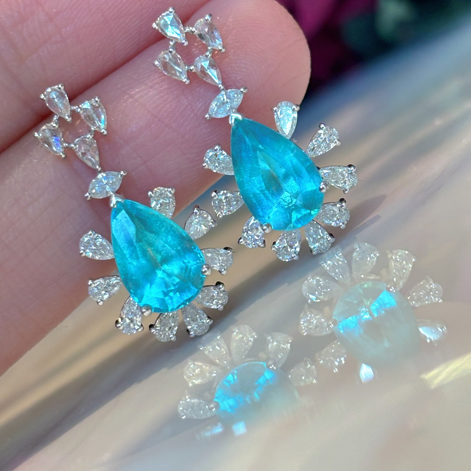 14k Gold 3.4 Ct Natural Paraiba Tourmaline & Diamond Earrings - 5