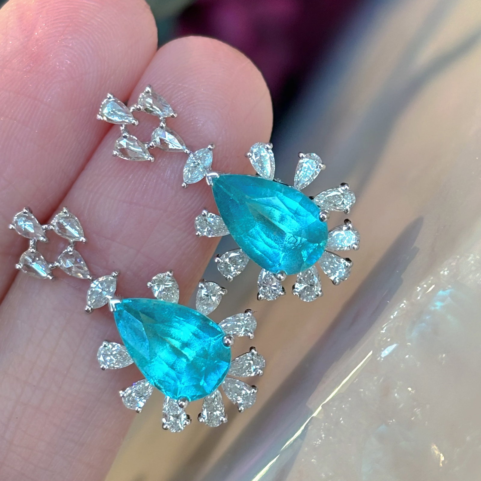 14k Gold 3.4 Ct Natural Paraiba Tourmaline & Diamond Earrings - 6
