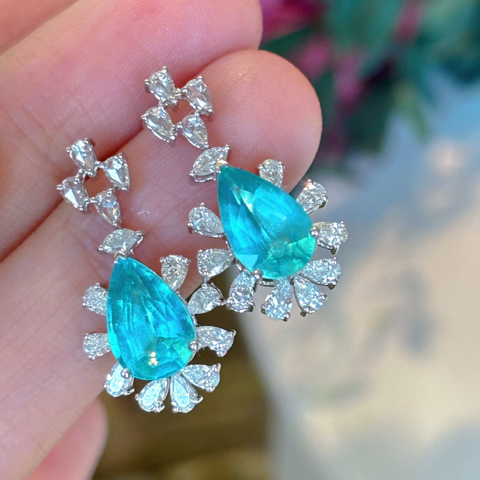 14k Gold 3.4 Ct Natural Paraiba Tourmaline & Diamond Earrings - 7