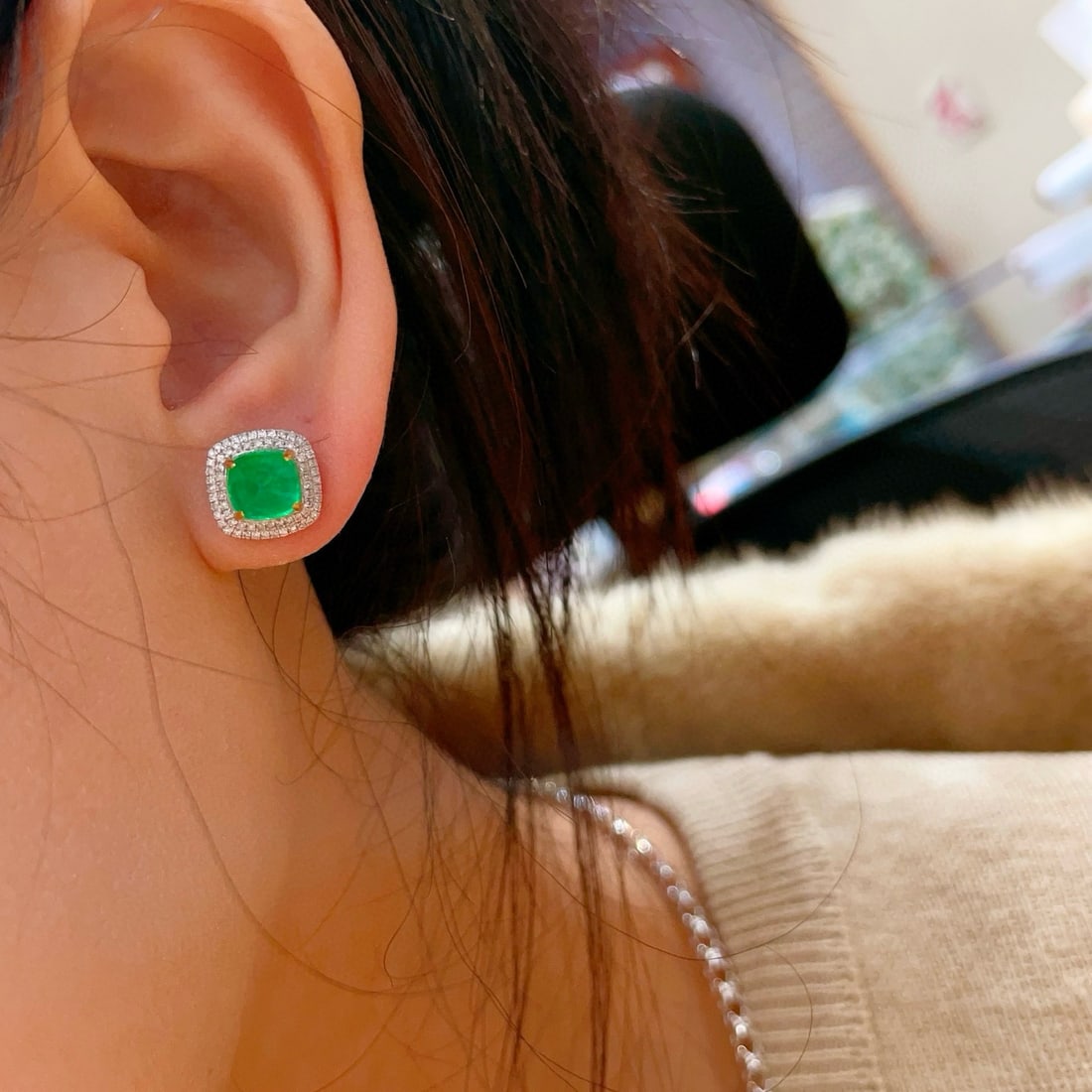 14k Gold 3.2 Ct Vivid Green Natural Emerald & Diamond Earrings - 5