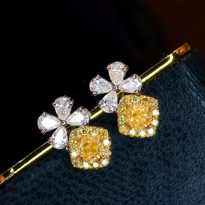 14k Gold 1.00 Ctw Natural Yellow Diamond & Diamond Earrings: Ref:230990203 // gold content:14k gold // main gemstone:yellow diamond // shape:cushion // carat weight:0. 30ct // color:yellow // treatment:natural // // adjacent gemstone 2 : diamond //