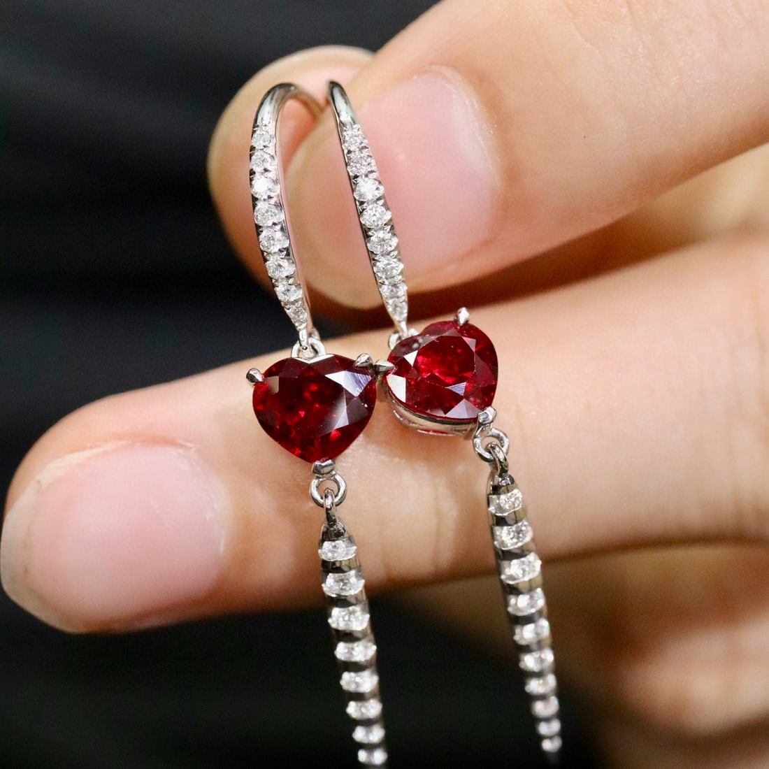 14k Gold 2.45 Ctw Natural Ruby & Diamond Earrings: Ref:230990213 // gold content:14k gold // main gemstone:ruby // shape:heart // carat weight:2. 12ct // color:pigeonblood red // treatment:natural // // adjacent gemstone 2 : diamond // shape:round // 