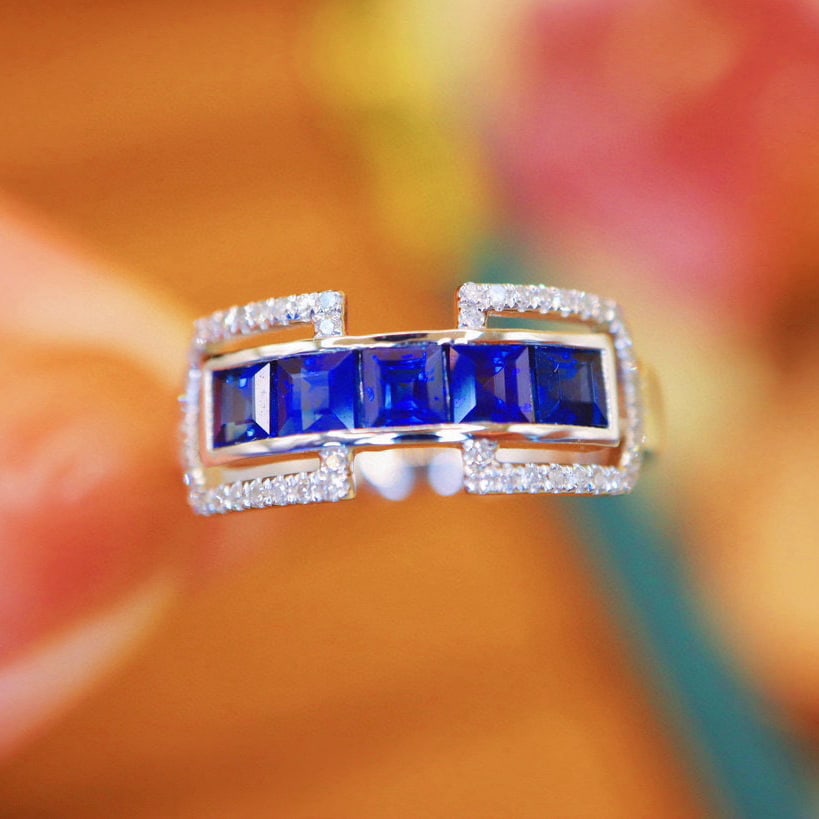 14k Gold 1.06 Ctw Natural Sapphire & Diamond Ring: Ref:230990215 // gold content:14k gold // ring size:7. 25us // // main gemstone:sapphire // shape:square // carat weight:0. 92ct // color:blue // treatment:natural // // adjacent gemstone 2 : diamond