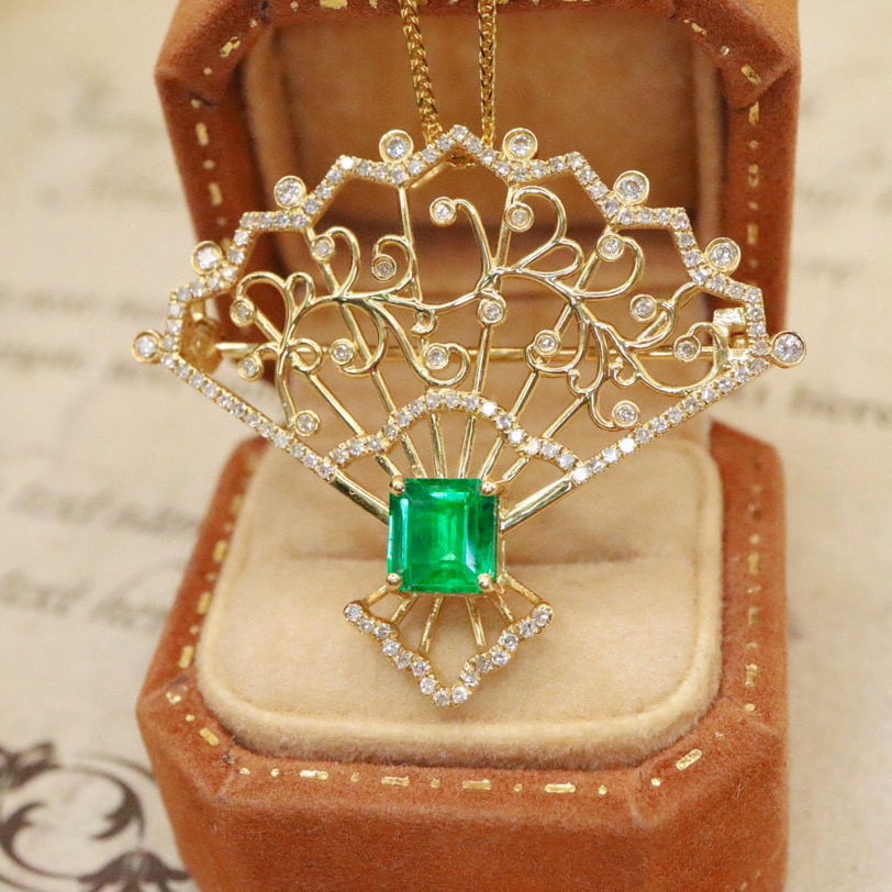 14k Gold 1.28 Ctw Vivid Green Natural Emerald & Diamond Brooch/pendant( Without Chain ) - 2