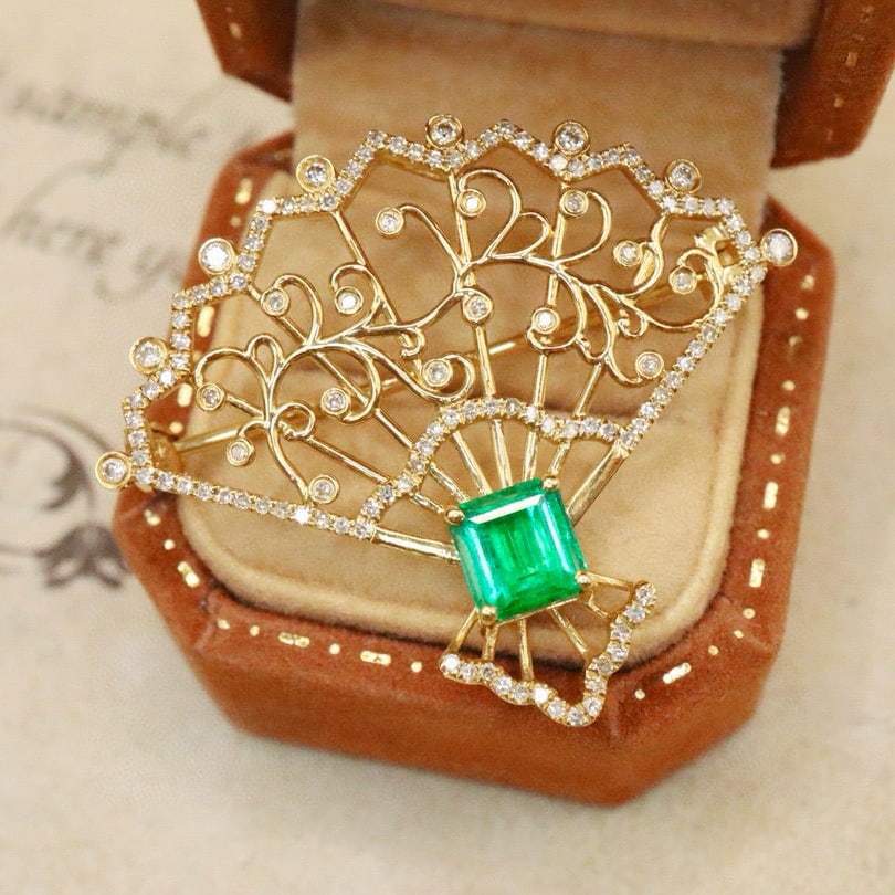 14k Gold 1.28 Ctw Vivid Green Natural Emerald & Diamond Brooch/pendant( Without Chain ) - 3