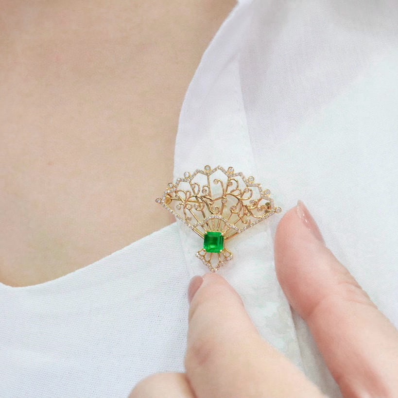 14k Gold 1.28 Ctw Vivid Green Natural Emerald & Diamond Brooch/pendant( Without Chain ) - 5