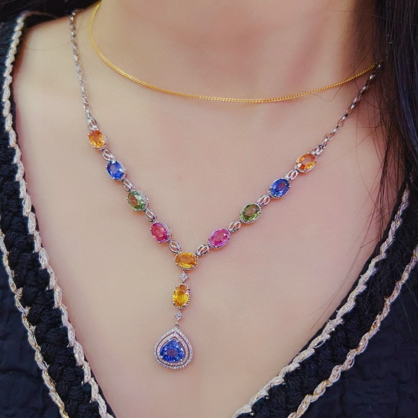 14k Gold 9.65 Ct Natural Sapphire & Diamond Necklace - 6