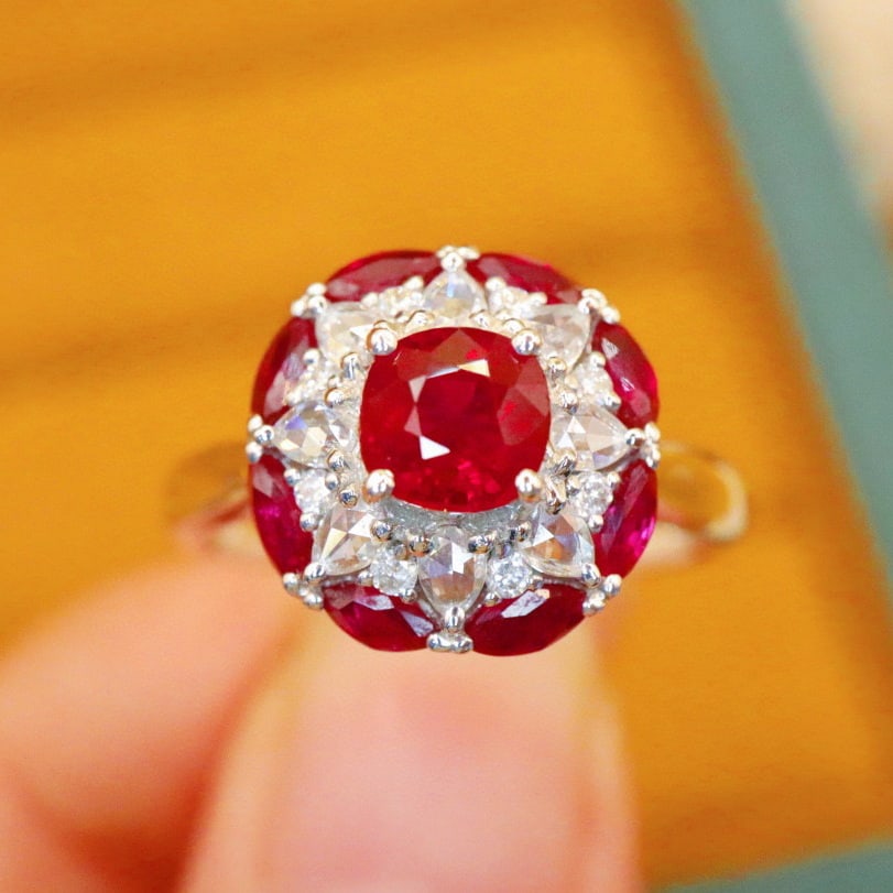 14k Gold 1.53 Ctw Natural Ruby & Ruby Ring: Ref:230990240 // gold content:14k gold // ring size:7. 25us // // main gemstone:ruby // shape:cushion // carat weight:0. 82ct // color:pigeonblood red // treatment:natural // // adjacent gemstone 2 :