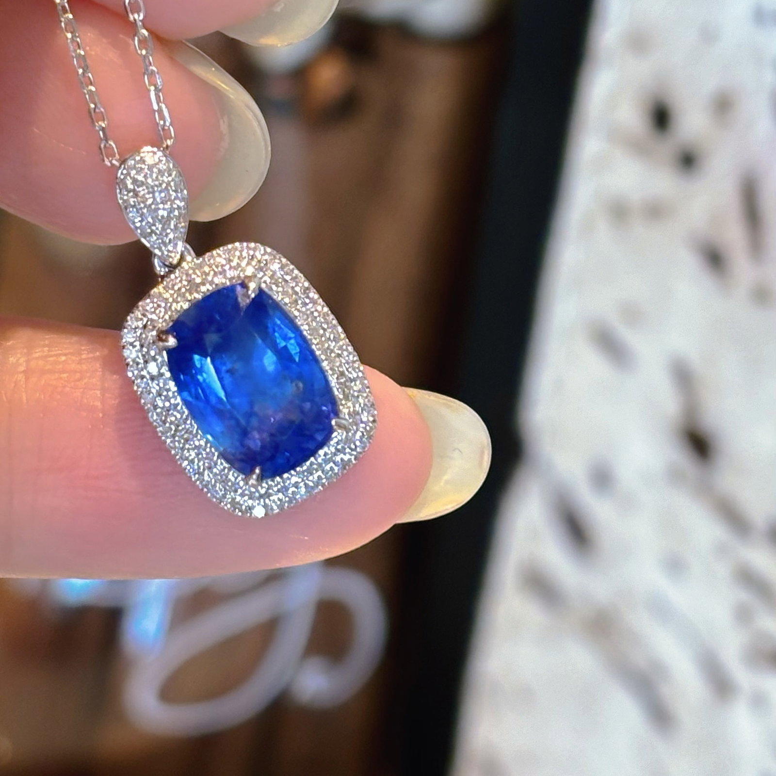 14k Gold 2.3 Ct Natural Sapphire & Diamond Pendant( Without Chain ): Ref:230990246 // gold content:14k gold // main gemstone:sapphire // shape:cushion // carat weight:2. 3ct // color:blue // treatment:natural // // adjacent gemstone 2 : diamond // shape:round //