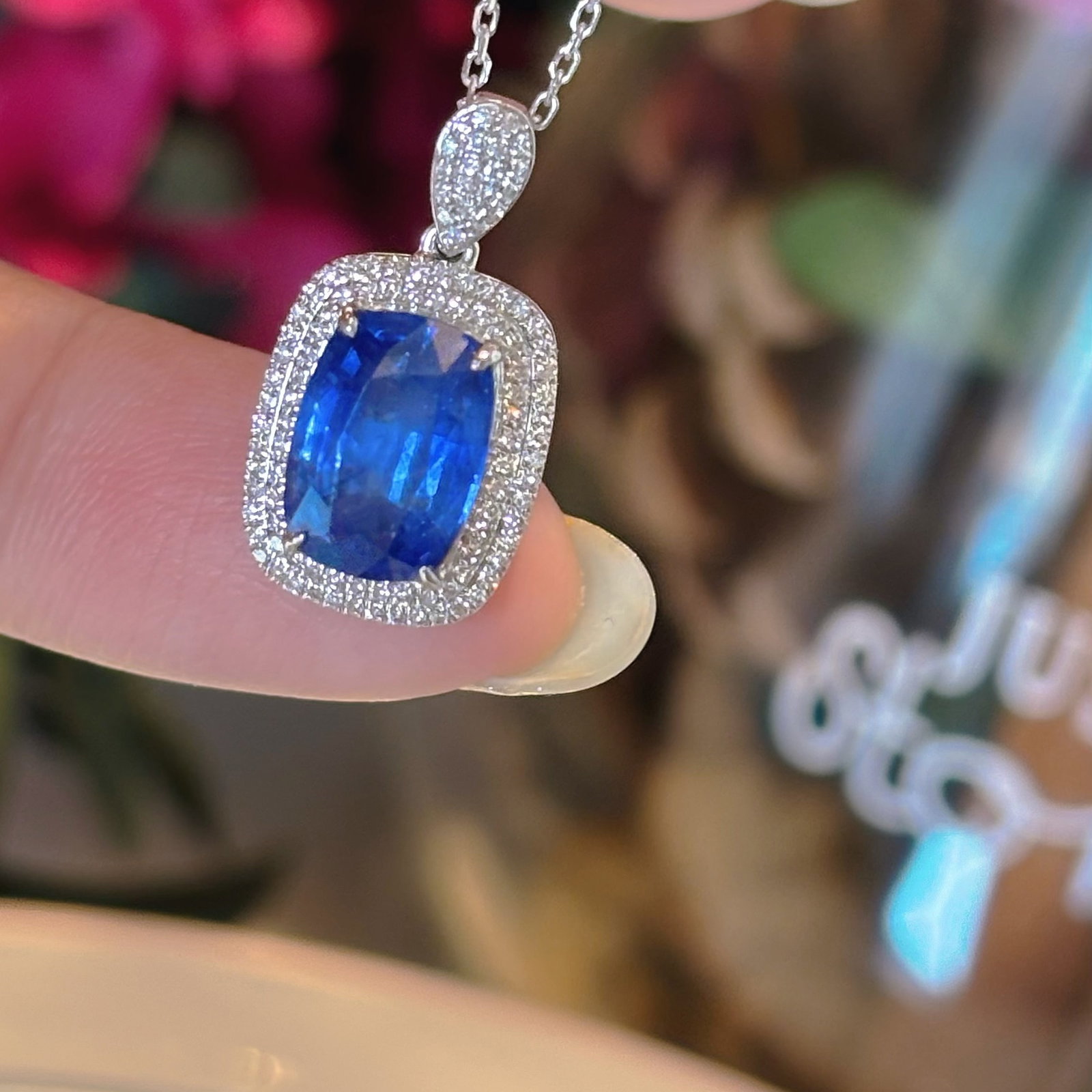 14k Gold 2.3 Ct Natural Sapphire & Diamond Pendant( Without Chain ) - 2