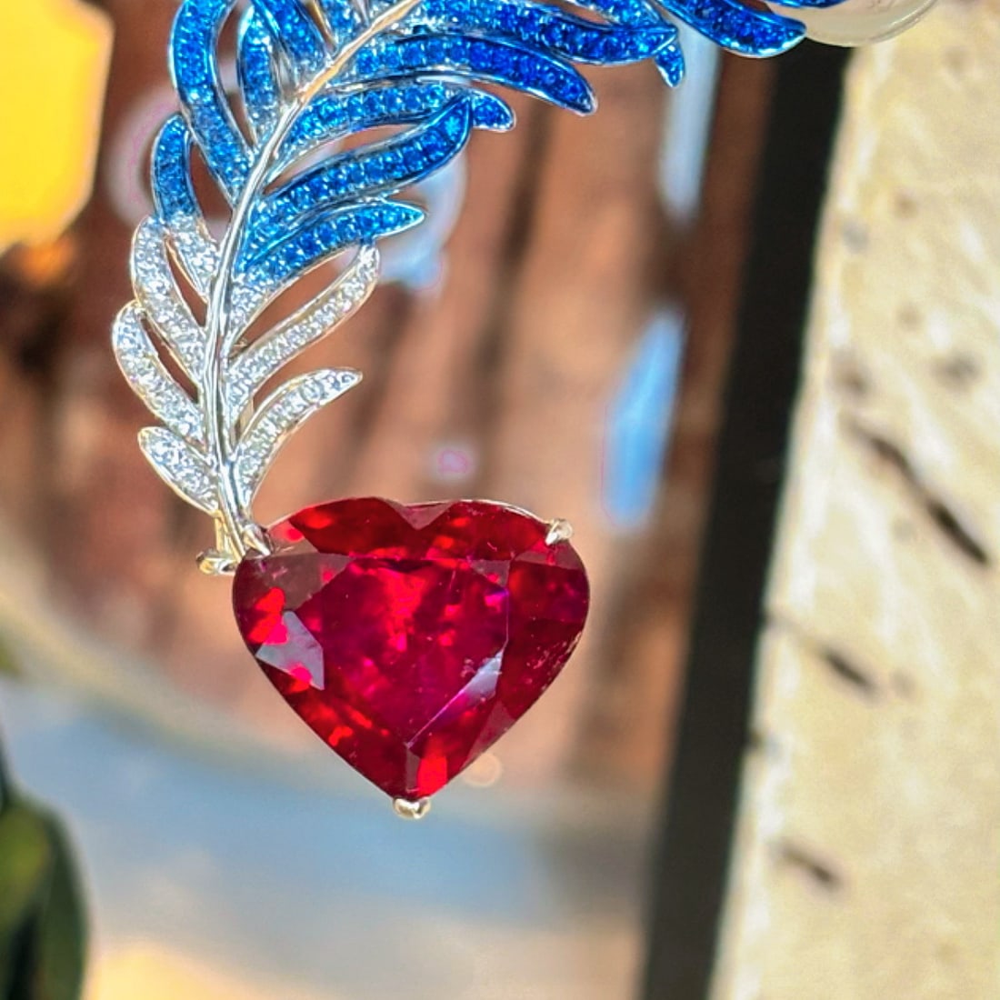 14k Gold 5.49 Ct Natural Tourmaline & Diamond & Sapphire Brooch/pendant( Without Chain ): Ref:230990249 // gold content:14k gold // main gemstone:tourmaline // shape:heart // carat weight:5. 49ct // color:red // treatment:natural // // adjacent gemstone 2 : diamond // shape:round // clarit