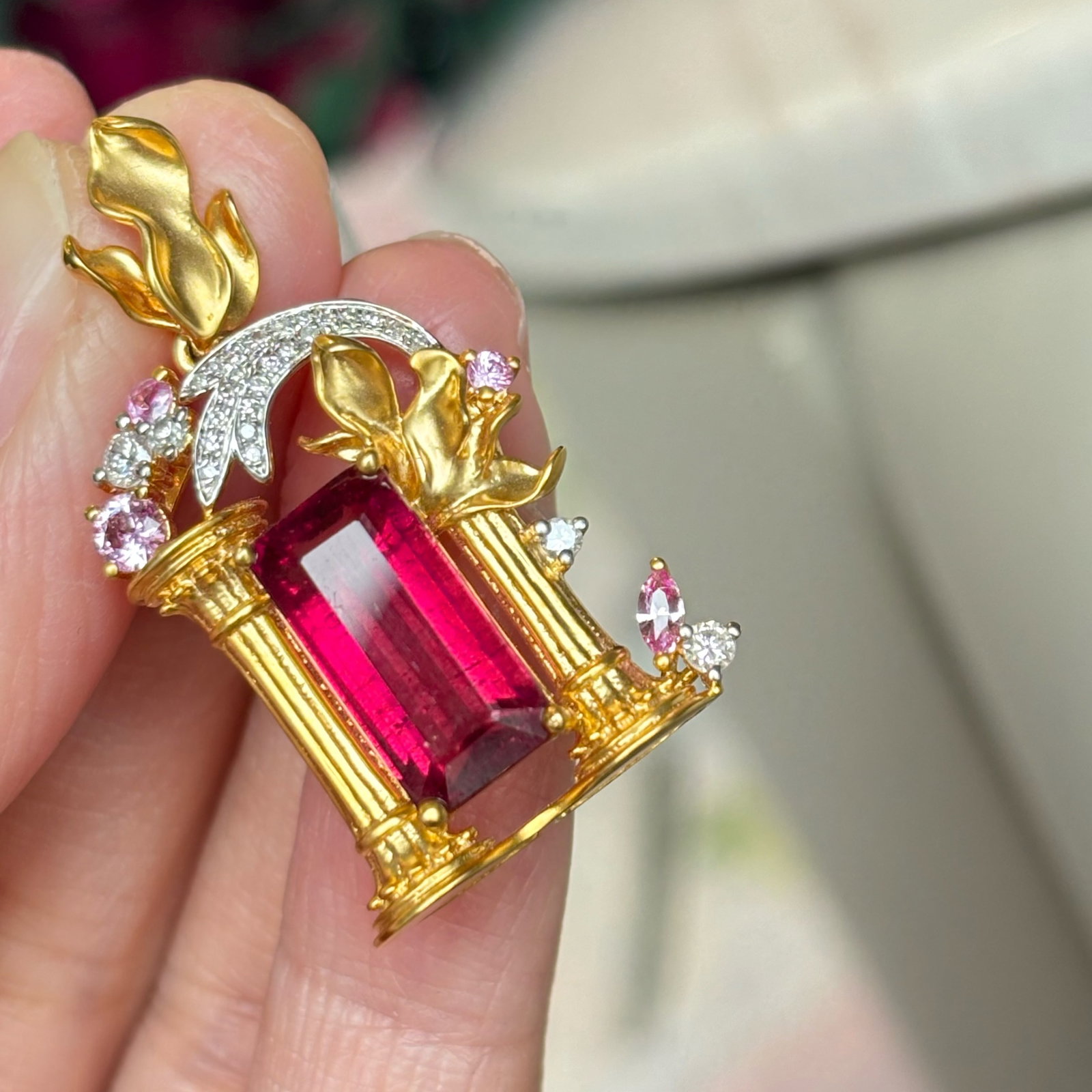 14k Gold 4.01 Ct Natural Tourmaline & Diamond & Sapphire Pendant( Without Chain ) - 2