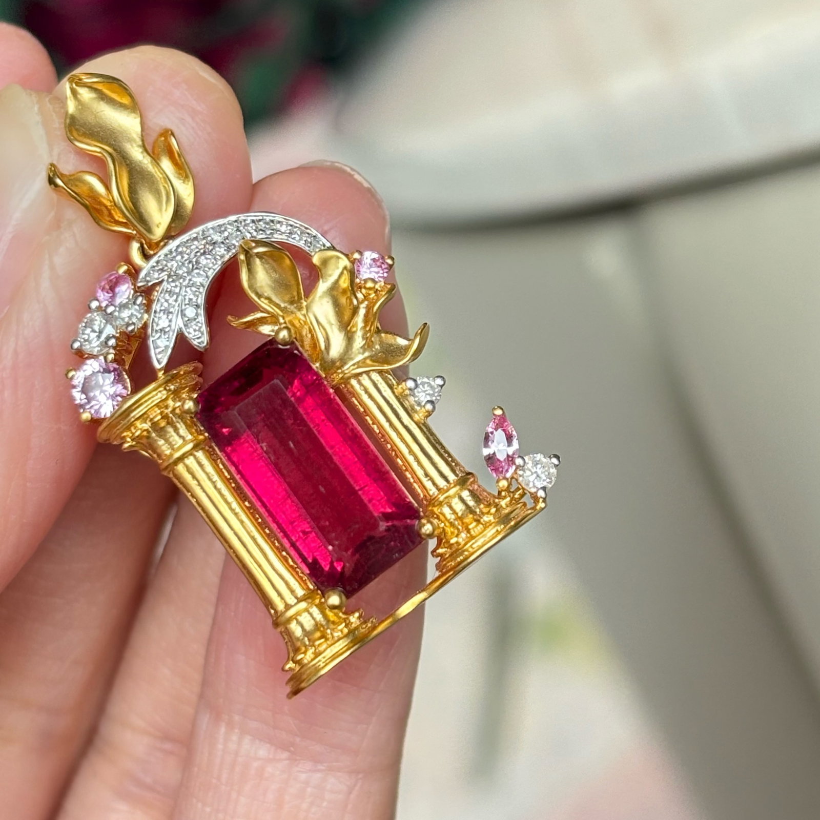 14k Gold 4.01 Ct Natural Tourmaline & Diamond & Sapphire Pendant( Without Chain ) - 3