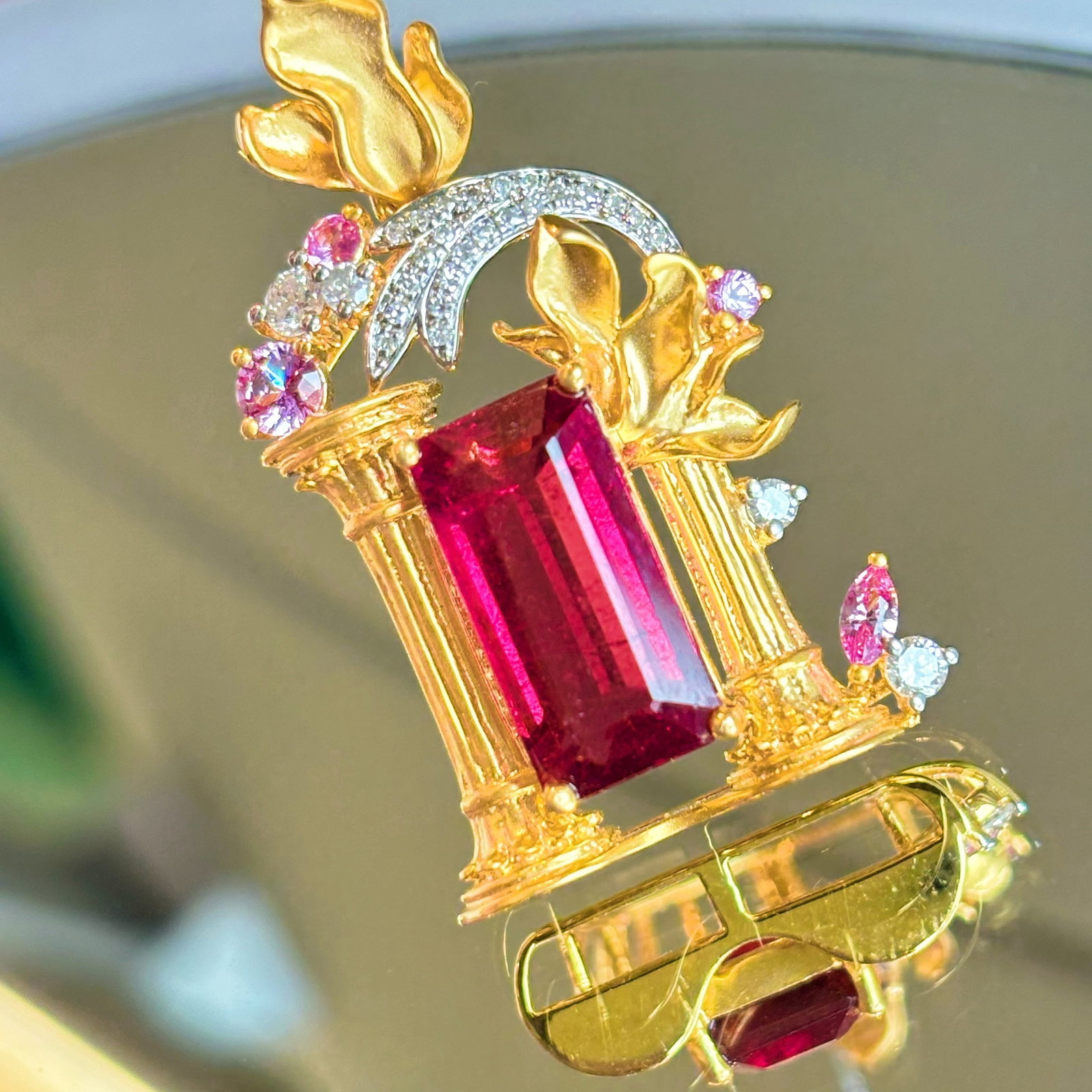 14k Gold 4.01 Ct Natural Tourmaline & Diamond & Sapphire Pendant( Without Chain ) - 4