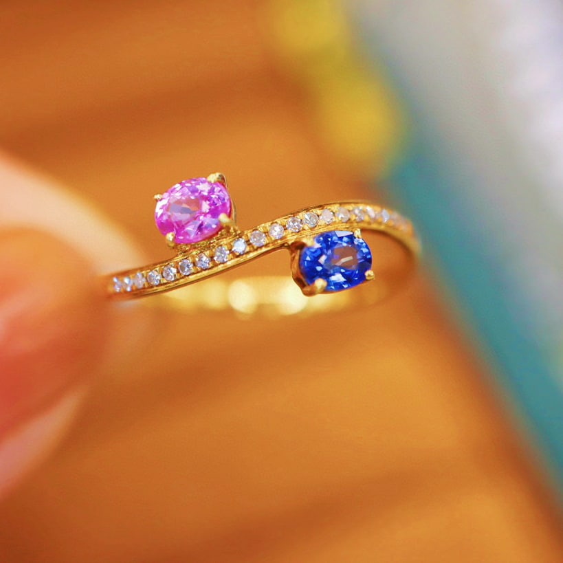 14k Gold 0.70 Ctw Natural Sapphire & Diamond & Toi Et Moi Ring: Ref:230990256 // gold content:14k gold // ring size:7. 25us // // main gemstone:sapphire // shape:oval // carat weight:0. 64ct // color:color // treatment:natural // // adjacent gemstone 2 : diamond