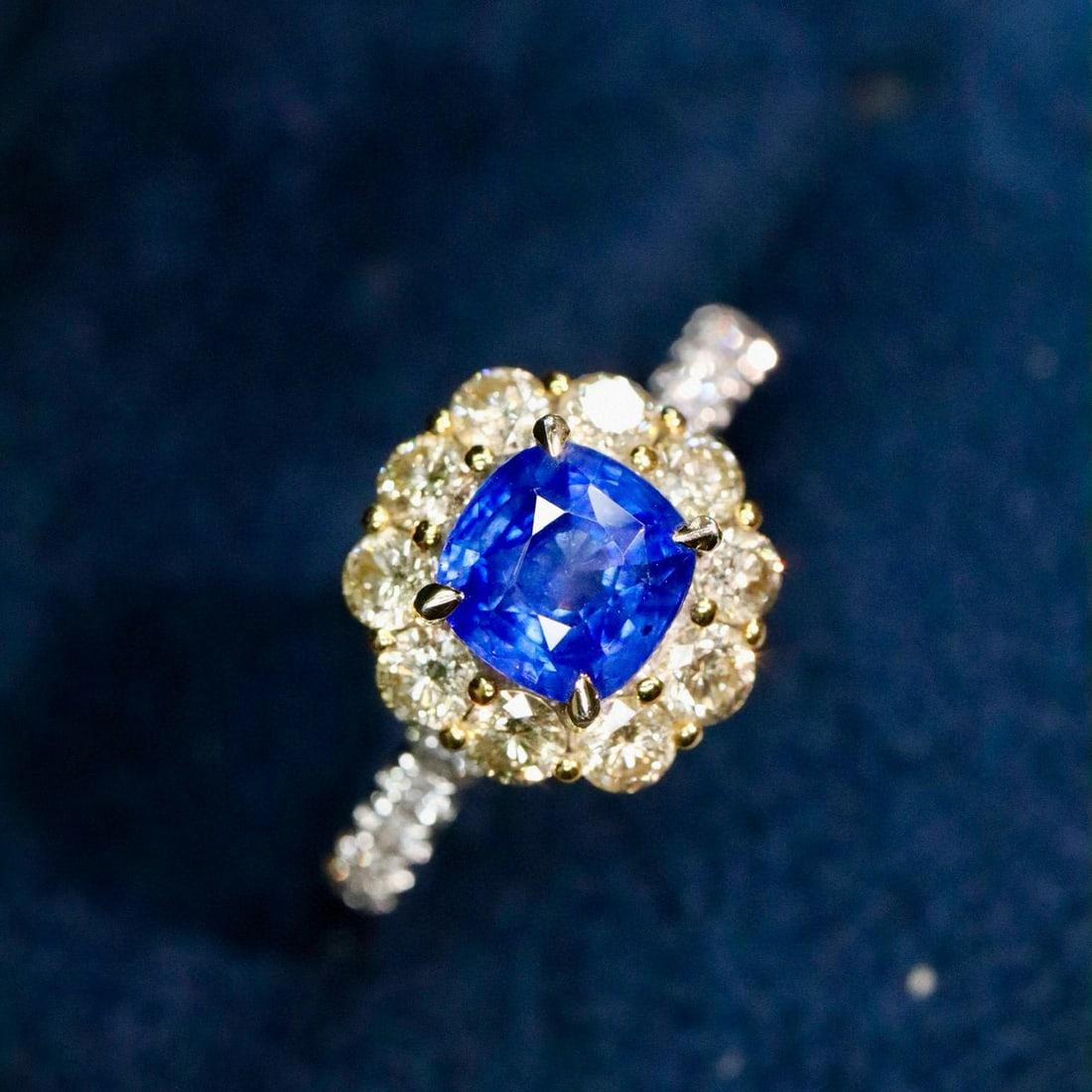 14k Gold 2.32 Ctw Natural Sapphire & Diamond Ring: Ref:230990258 // gold content:14k gold // ring size:7. 25us // // main gemstone:sapphire // shape:cushion // carat weight:1. 16ct // color:cornflower blue // treatment:natural // // adjacent gemstone 