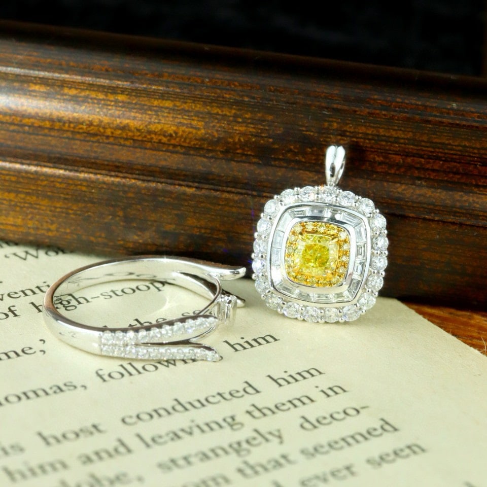 14k Gold 1.72 Ctw Natural Yellow Diamond & Diamond Ring/pendant( Without Chain ): Ref:230990271 // gold content:14k gold // ring size:7. 25us // // main gemstone:yellow diamond // shape:cushion // carat weight:0. 51ct // color:yellow // treatment:natural // // adjacent gemstone 2