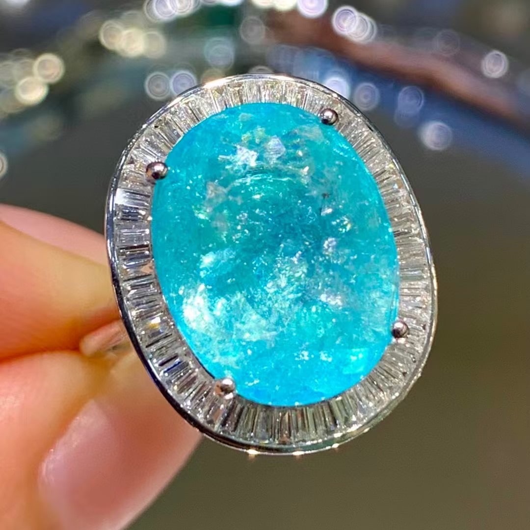 14k Gold 6.6 Ct Natural Paraiba Tourmaline & Diamond Ring - 2