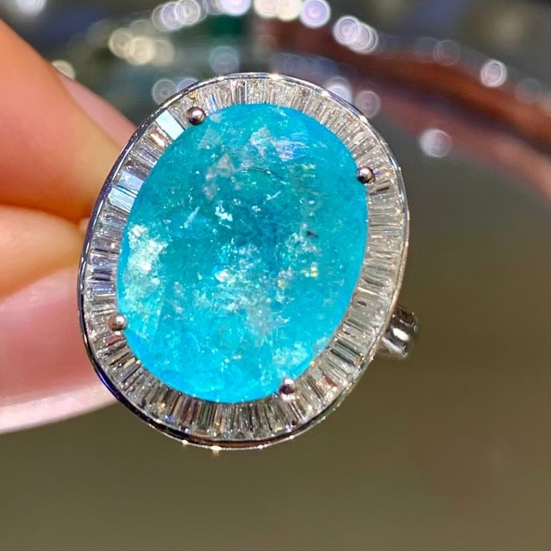 14k Gold 6.6 Ct Natural Paraiba Tourmaline & Diamond Ring - 3