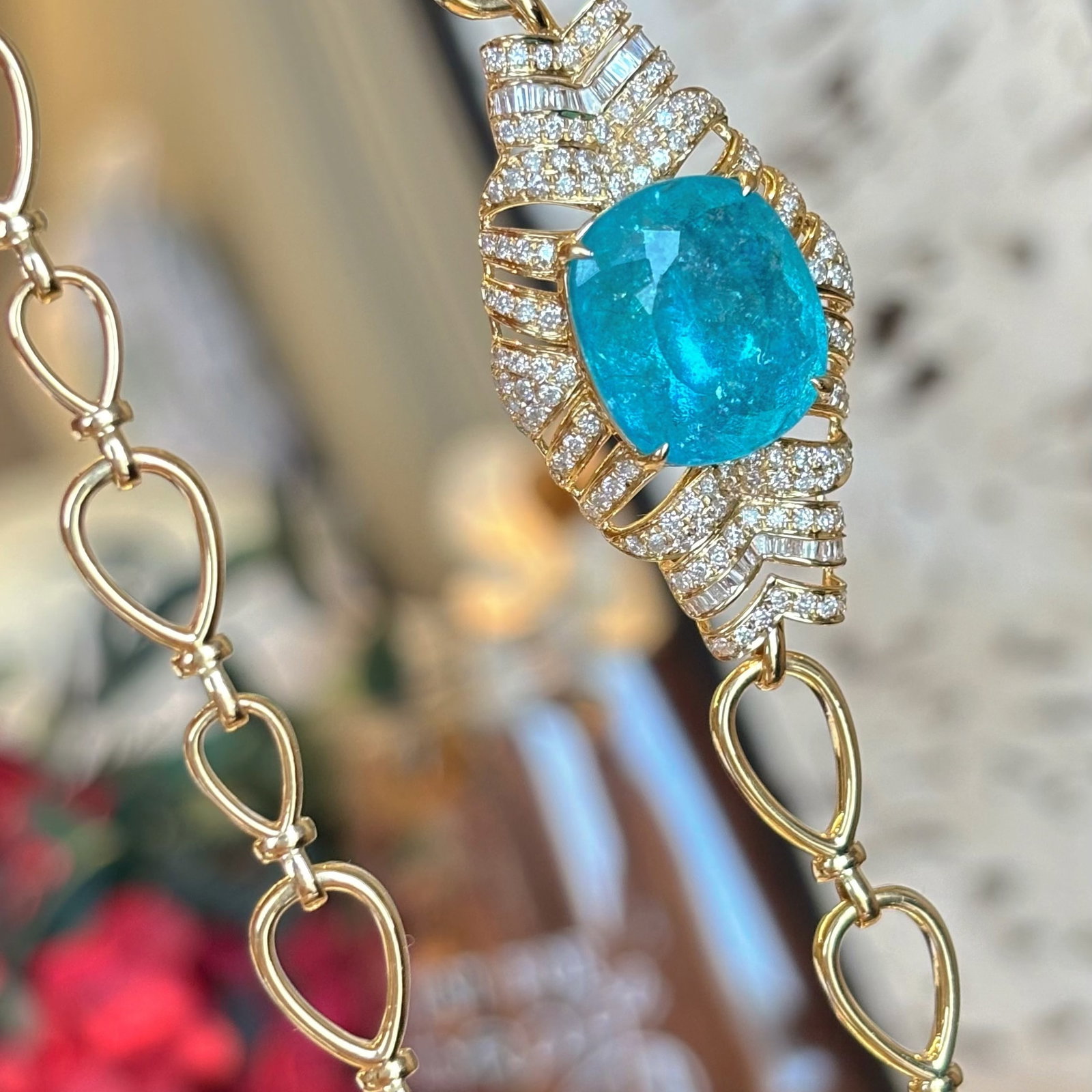 14k Gold 7.3 Ct Natural Paraiba Tourmaline & Diamond Necklace - 2