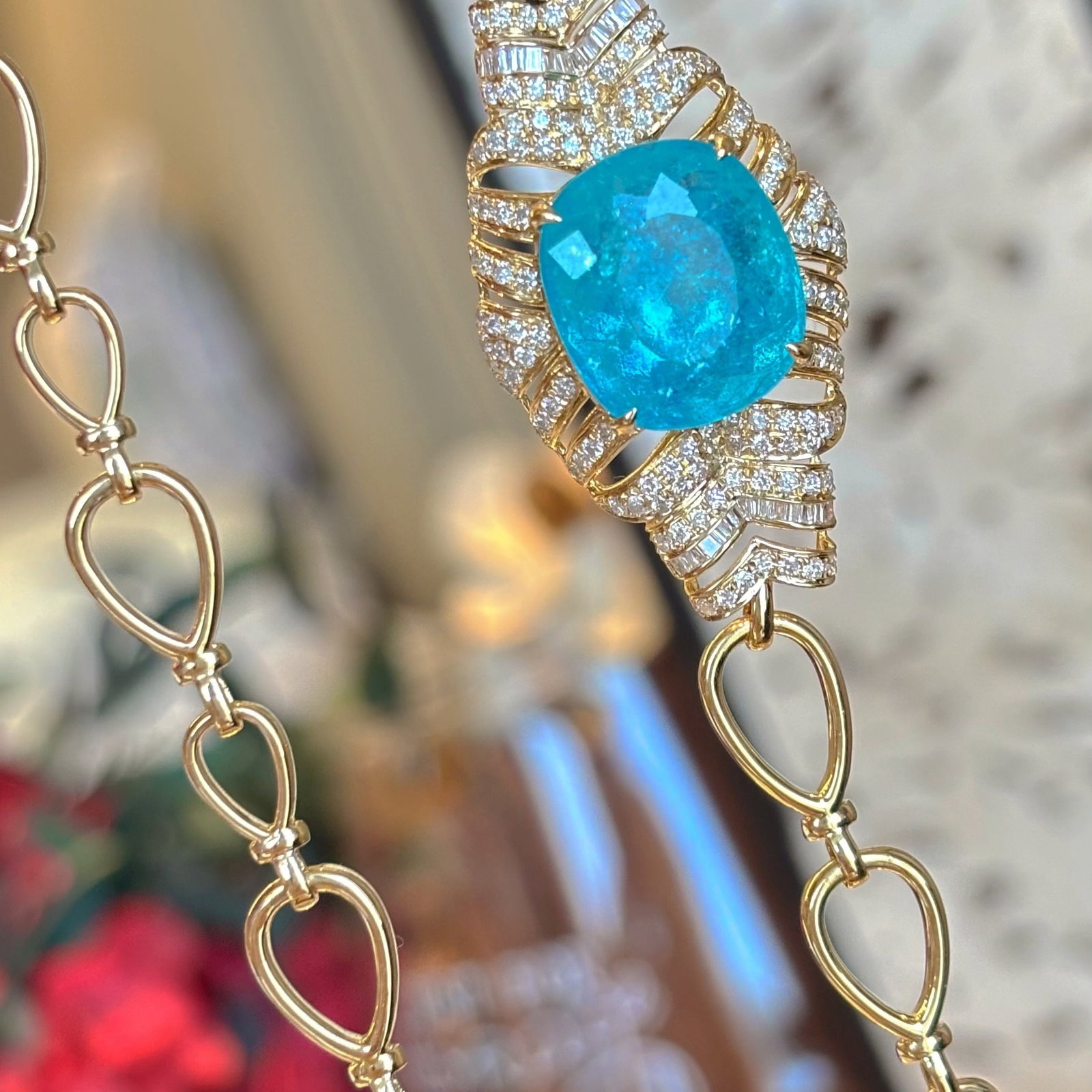 14k Gold 7.3 Ct Natural Paraiba Tourmaline & Diamond Necklace - 3