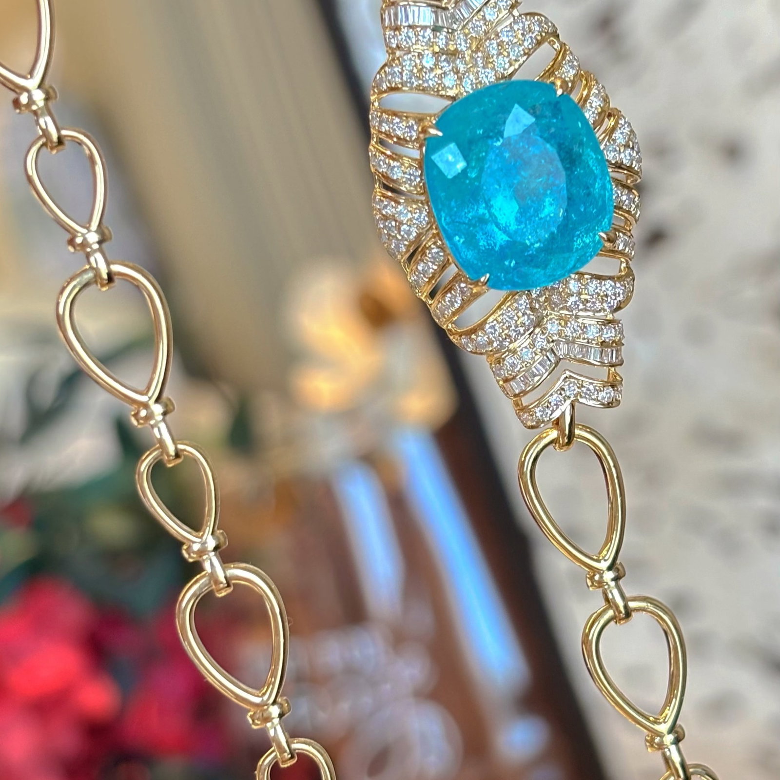 14k Gold 7.3 Ct Natural Paraiba Tourmaline & Diamond Necklace - 4