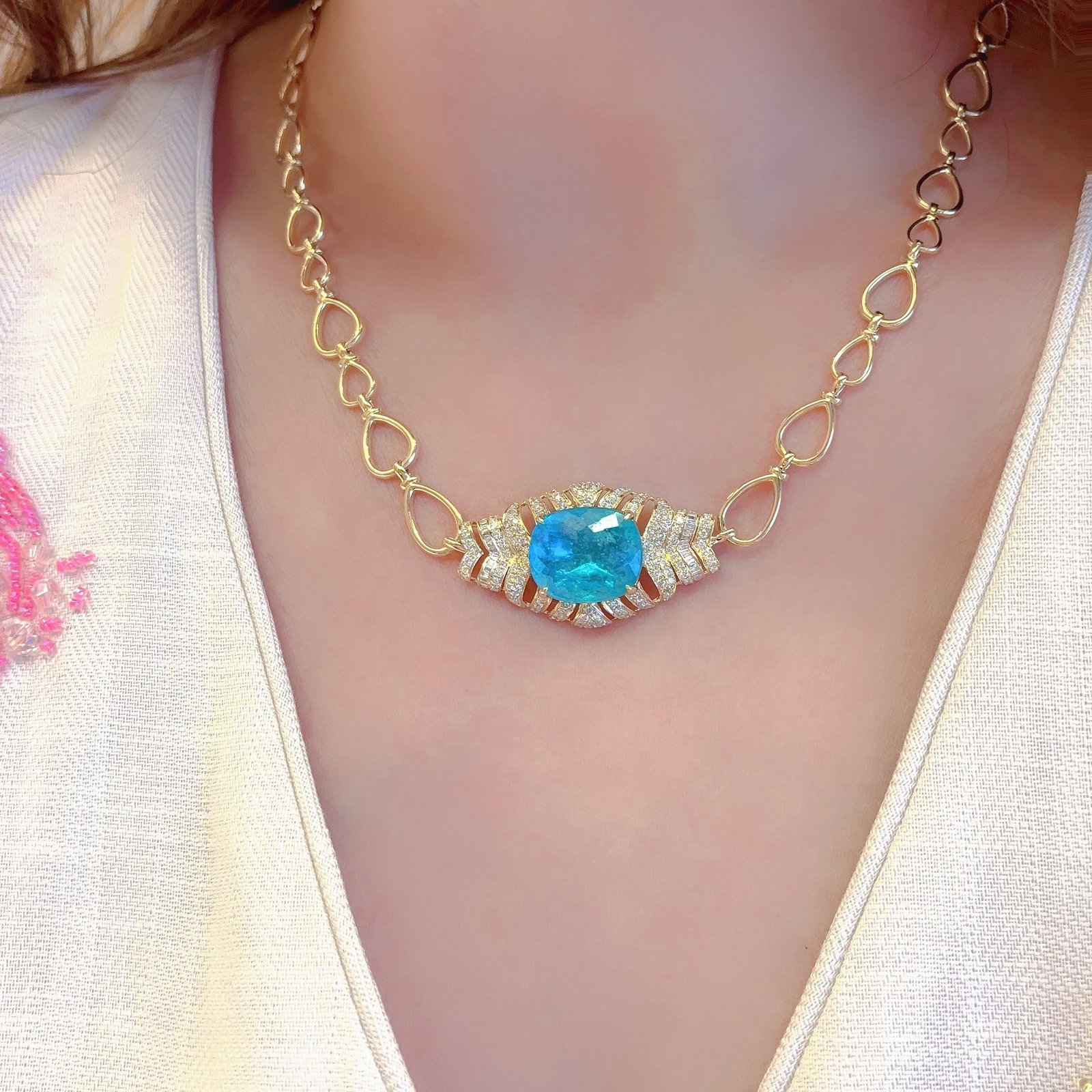 14k Gold 7.3 Ct Natural Paraiba Tourmaline & Diamond Necklace - 5