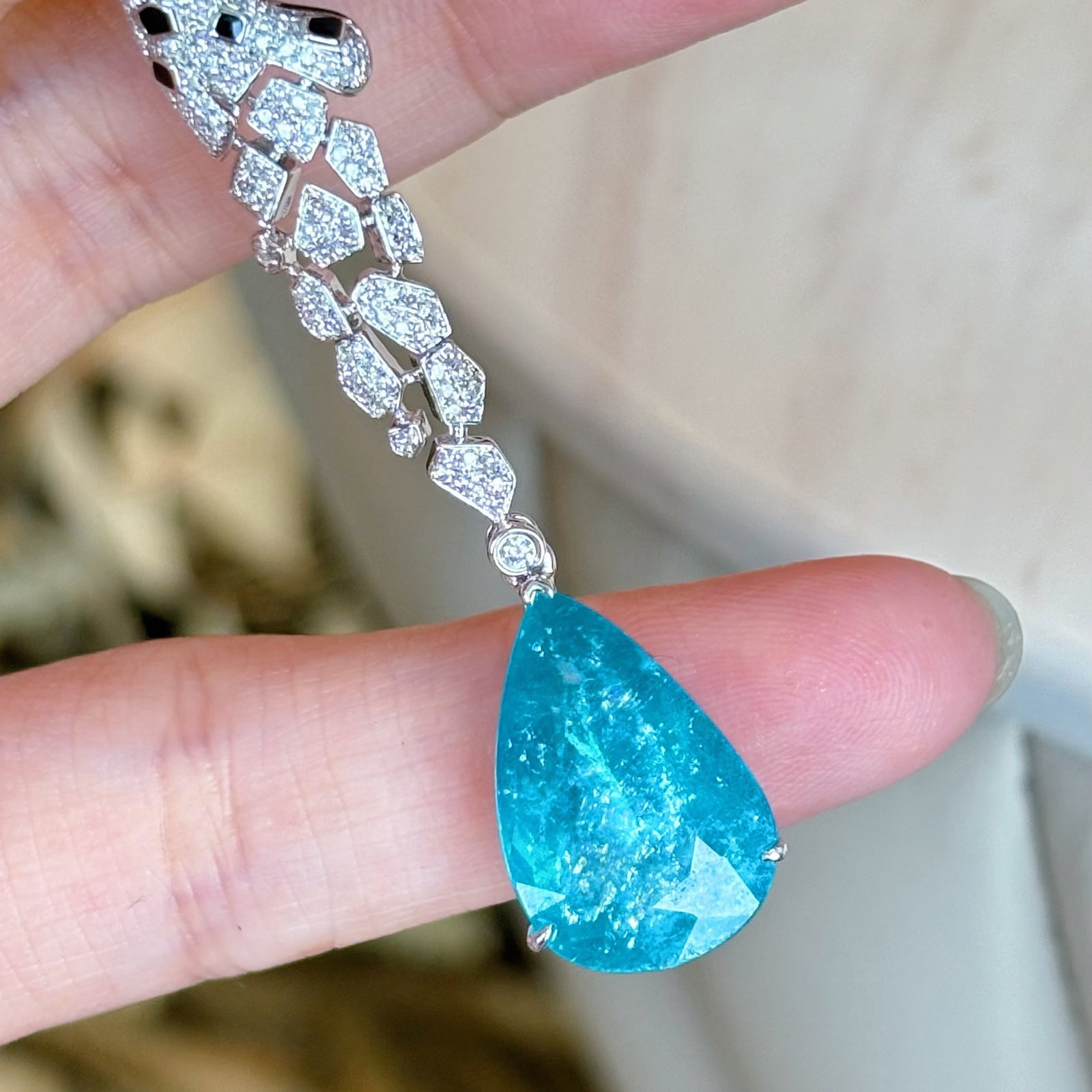 14k Gold 6.4 Ct Natural Paraiba Tourmaline & Diamond Pendant( Without Chain ) - 2