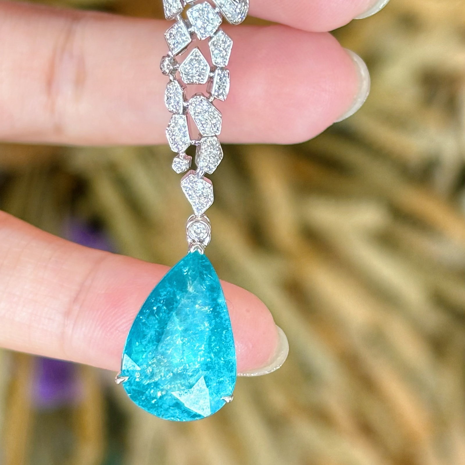 14k Gold 6.4 Ct Natural Paraiba Tourmaline & Diamond Pendant( Without Chain ) - 3