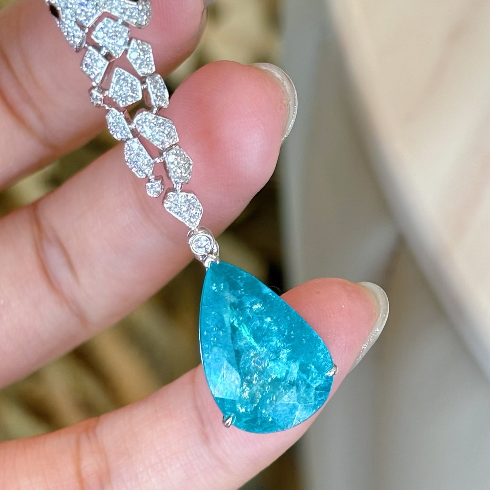 14k Gold 6.4 Ct Natural Paraiba Tourmaline & Diamond Pendant( Without Chain ) - 4