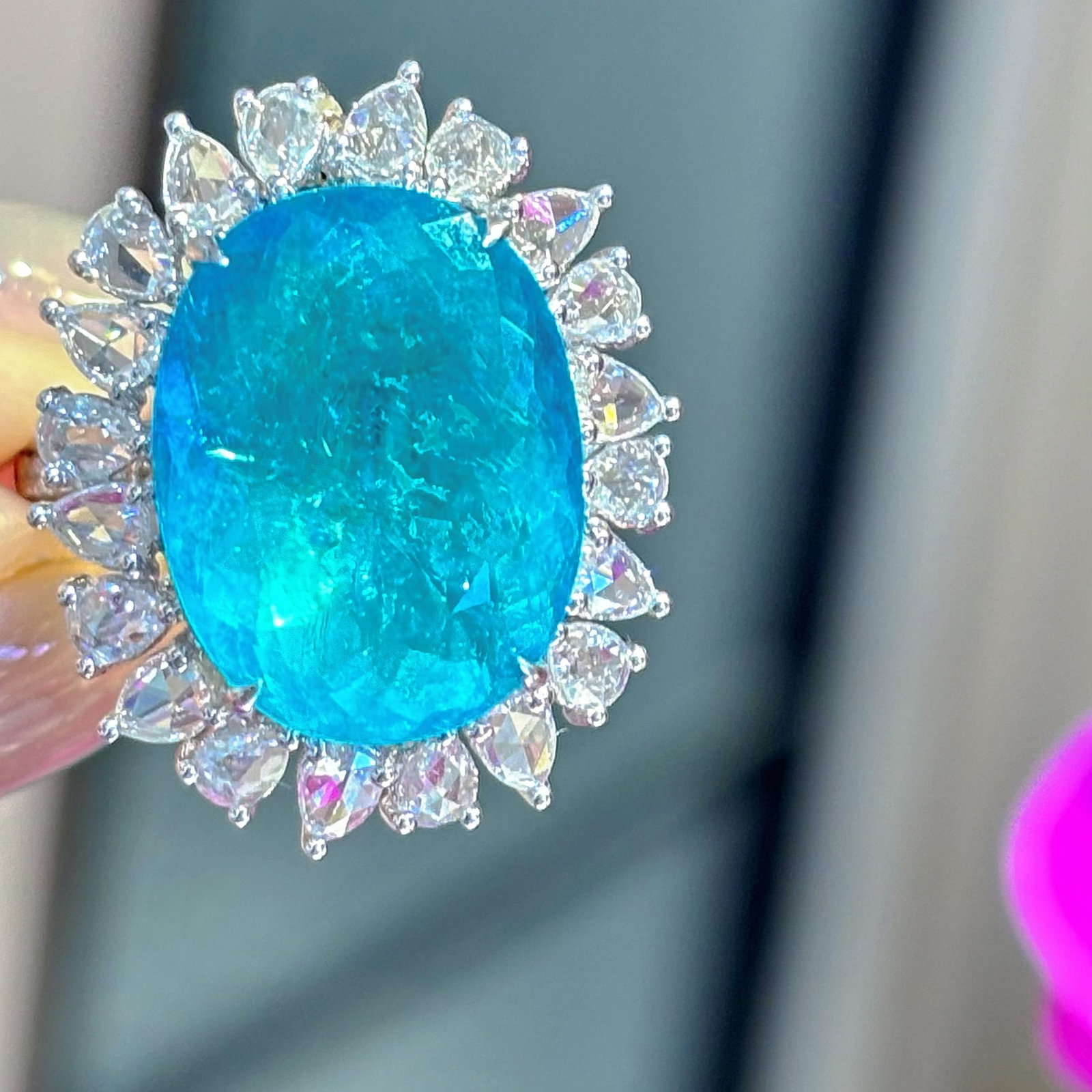 14k Gold 9.77 Ct Natural Paraiba Tourmaline & Diamond Ring/pendant( Without Chain ): Ref:230990280 // gold content:14k gold // ring size:7. 25us // // main gemstone:paraiba tourmaline // shape:oval // carat weight:9. 77ct // color:blue // treatment:natural // // adjacent gemstone 2 :
