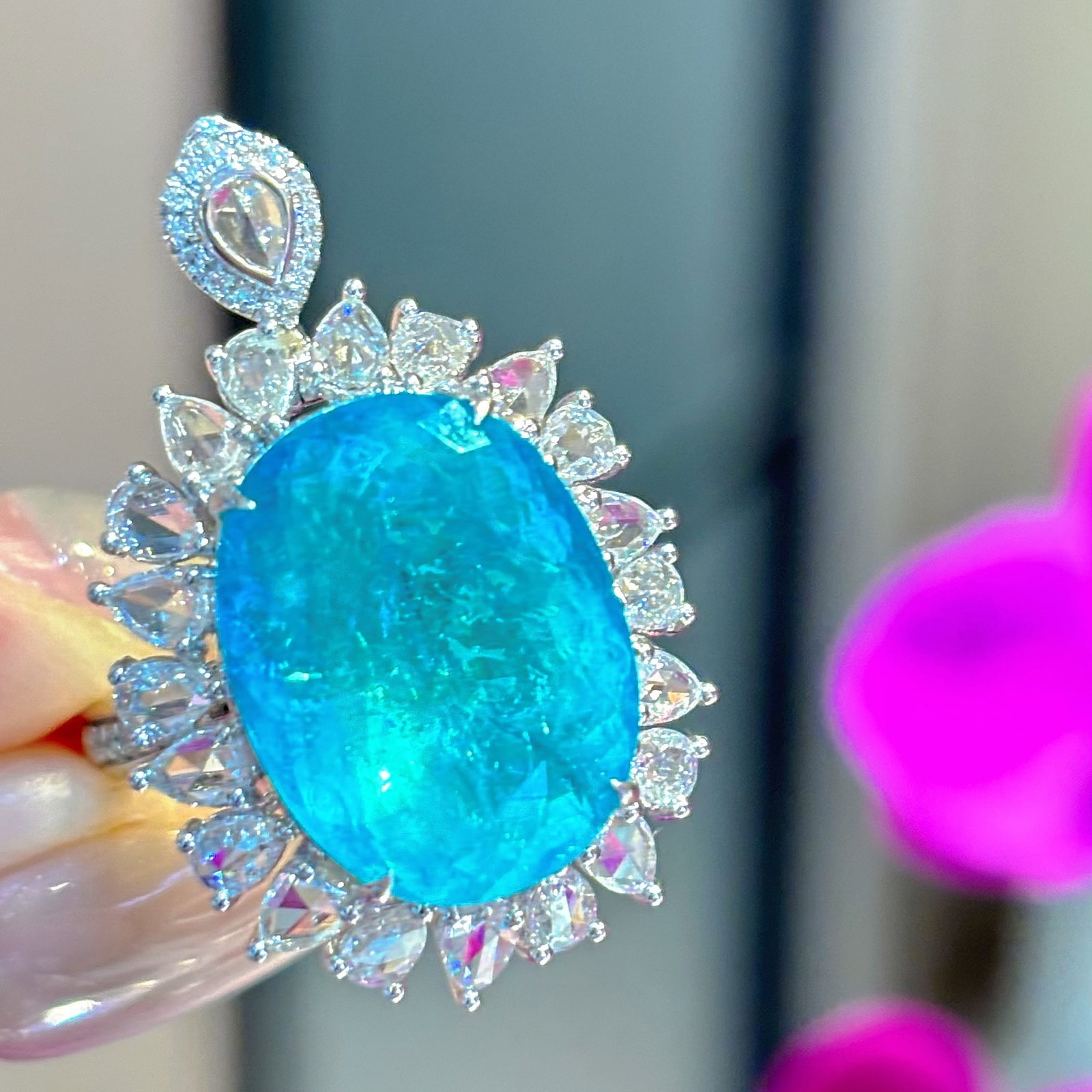 14k Gold 9.77 Ct Natural Paraiba Tourmaline & Diamond Ring/pendant( Without Chain ) - 2