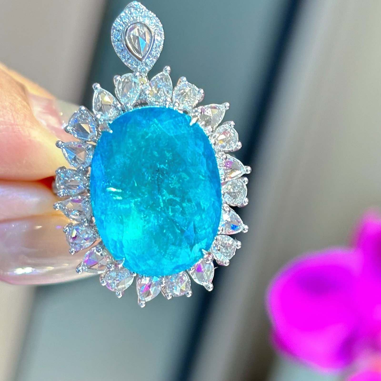 14k Gold 9.77 Ct Natural Paraiba Tourmaline & Diamond Ring/pendant( Without Chain ) - 4
