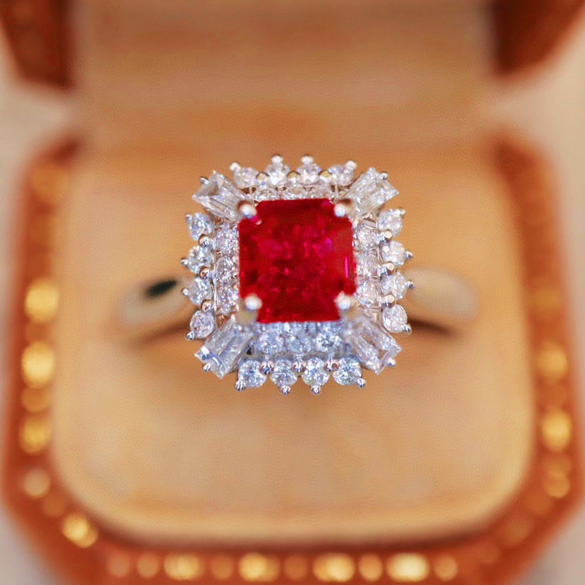 14k Gold 1.56 Ctw Natural Ruby & Diamond Ring: Ref:230990281 // gold content:14k gold // ring size:7. 25us // // main gemstone:ruby // shape:octagonal // carat weight:1. 17ct // color:pigeonblood red // treatment:natural // // adjacent gemstone 2 
