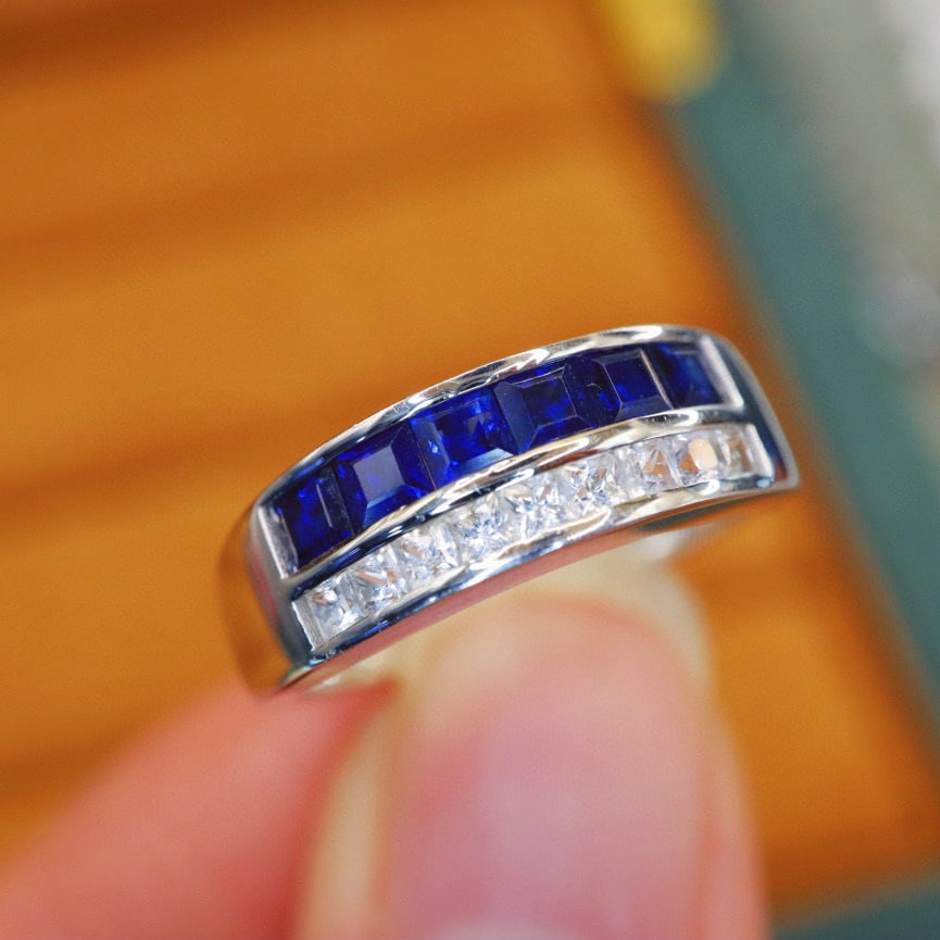14k Gold 1.53 Ctw Natural Sapphire & Sapphire Ring: Ref:230990285 // gold content:14k gold // ring size:7. 25us // // main gemstone:sapphire // shape:square // carat weight:1. 03ct // color:blue // treatment:natural // // adjacent gemstone 2 :