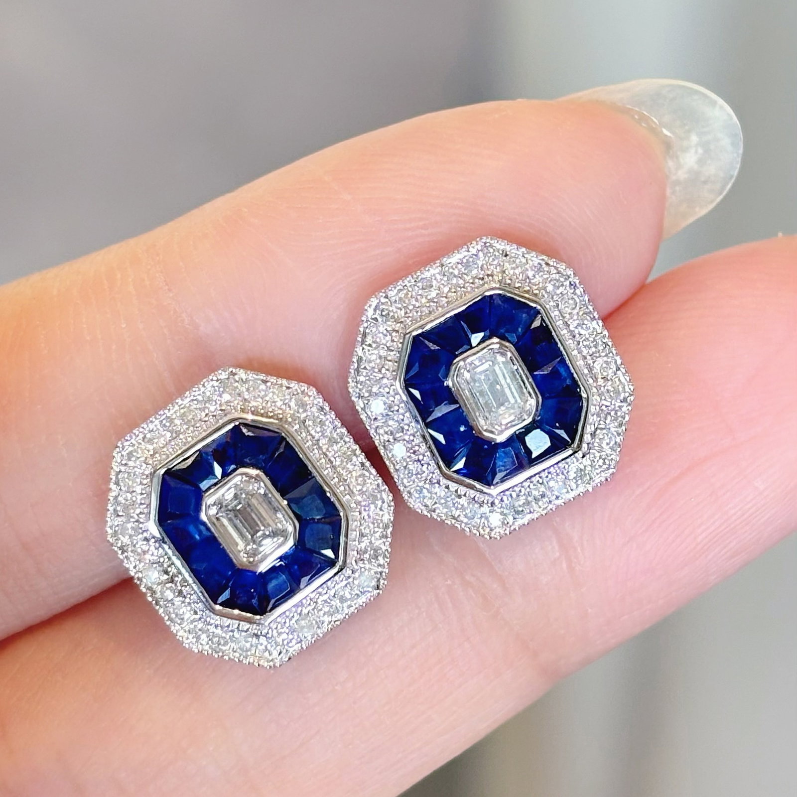 14k Gold 2.35 Ctw Natural Sapphire & Diamond Earrings: Ref:230990286 // gold content:14k gold // main gemstone:sapphire // shape:princess // carat weight:1. 7ct // color:royal blue // treatment:natural // // adjacent gemstone 2 : diamond //